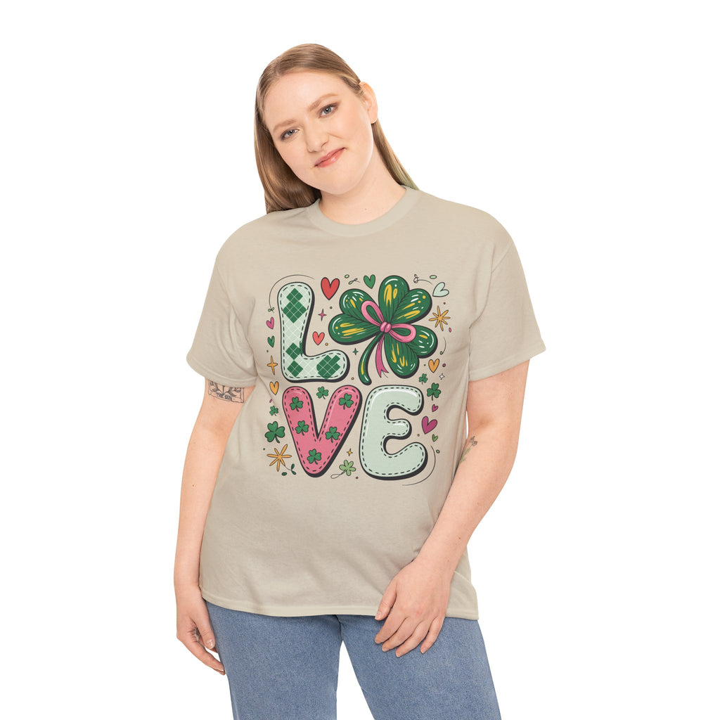 Stitched Clover 'LOVE' Tee — Heart & Patchwork St. Patrick's Unisex Cotton T-Shirt