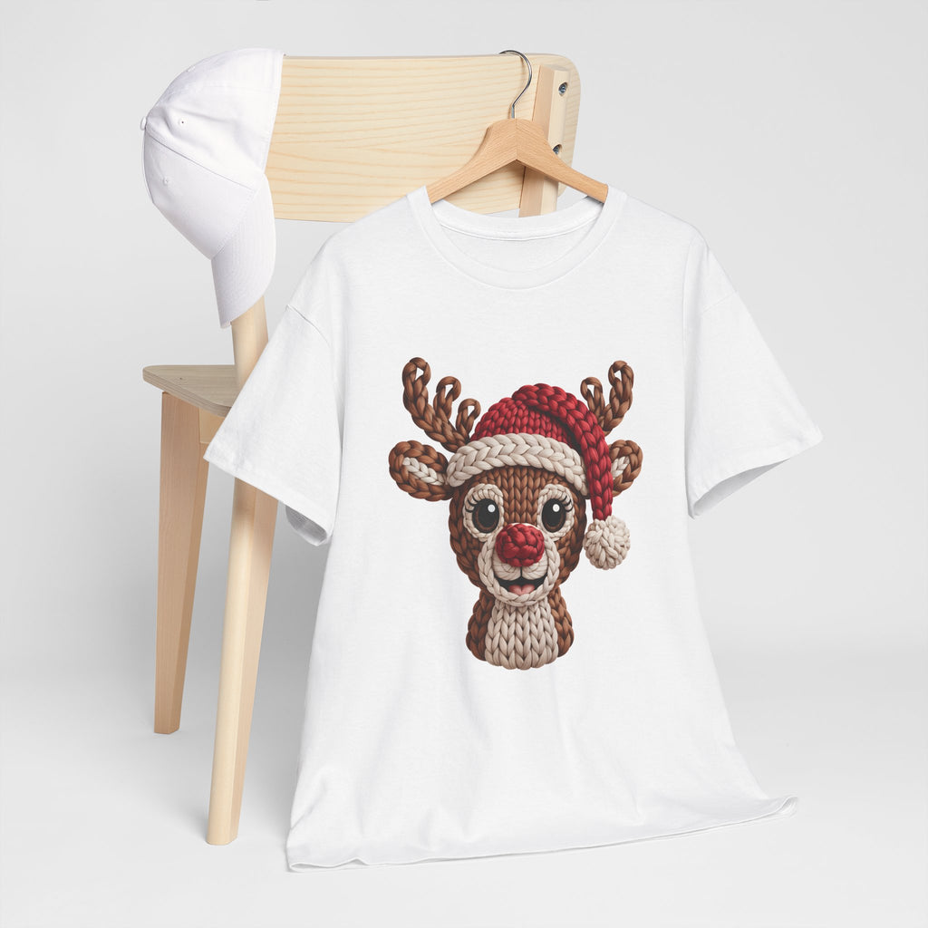 Reindeer in Santa Hat Cotton Tee — Joyful Faux-Yarn Holiday Unisex Coton T-Shirt