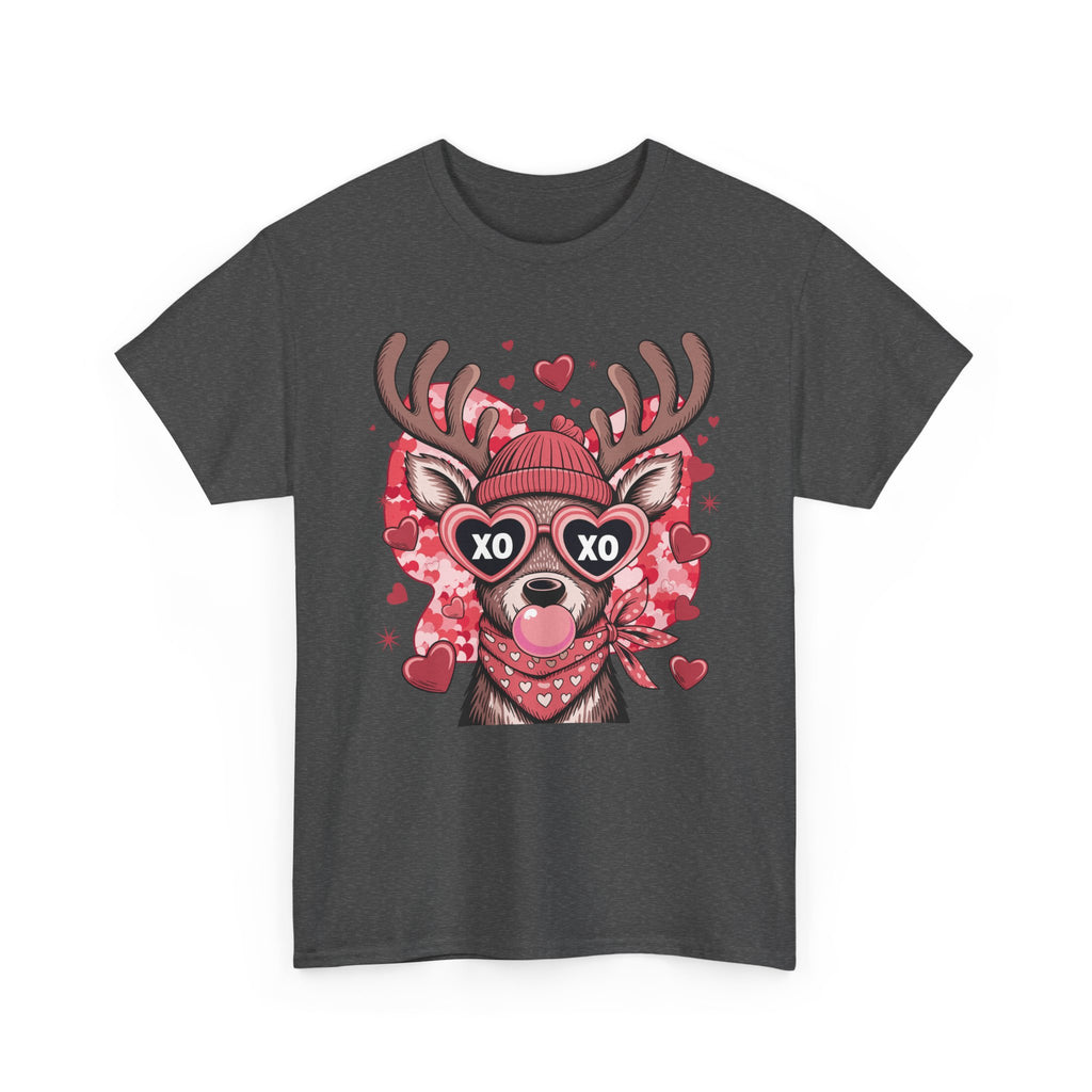 Valentine Deer Tee — Cute XO Heart Glasses, Beanie & Scarf Unisex Cotton Tshirt
