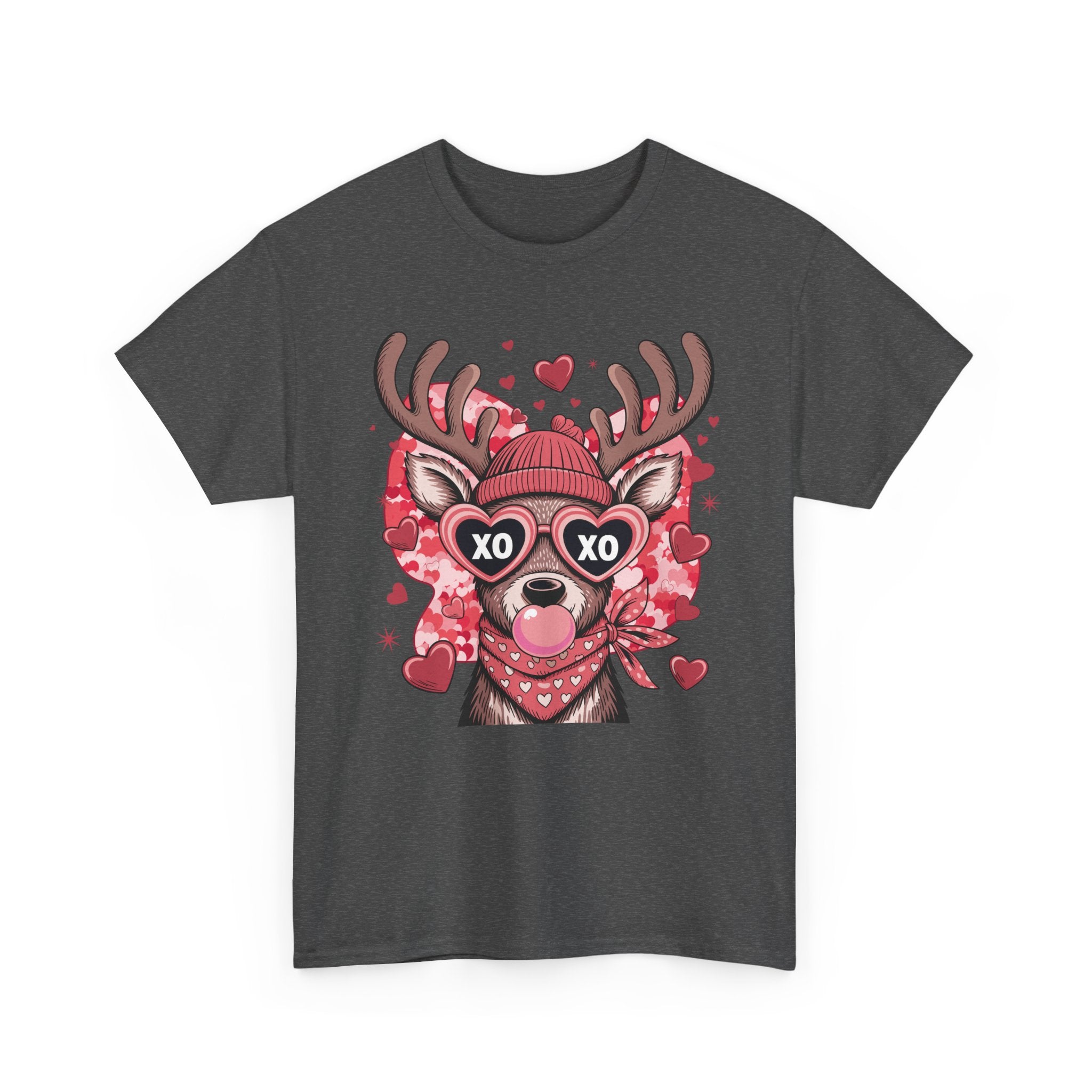Valentine Deer Tee — Cute XO Heart Glasses, Beanie & Scarf Unisex Cotton Tshirt