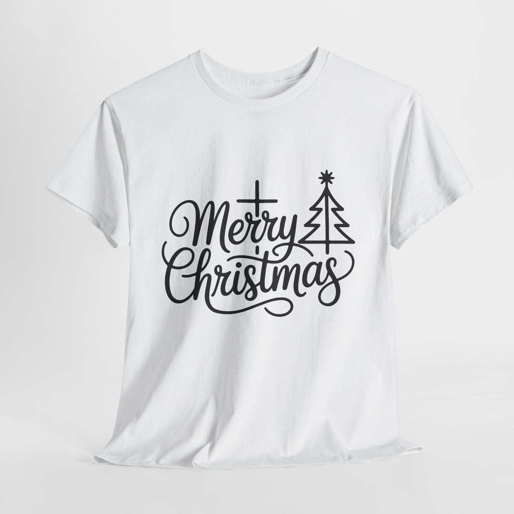 Merry Christmas Script T-Shirt with Cross & Tree(Unisex Cotton Tee)