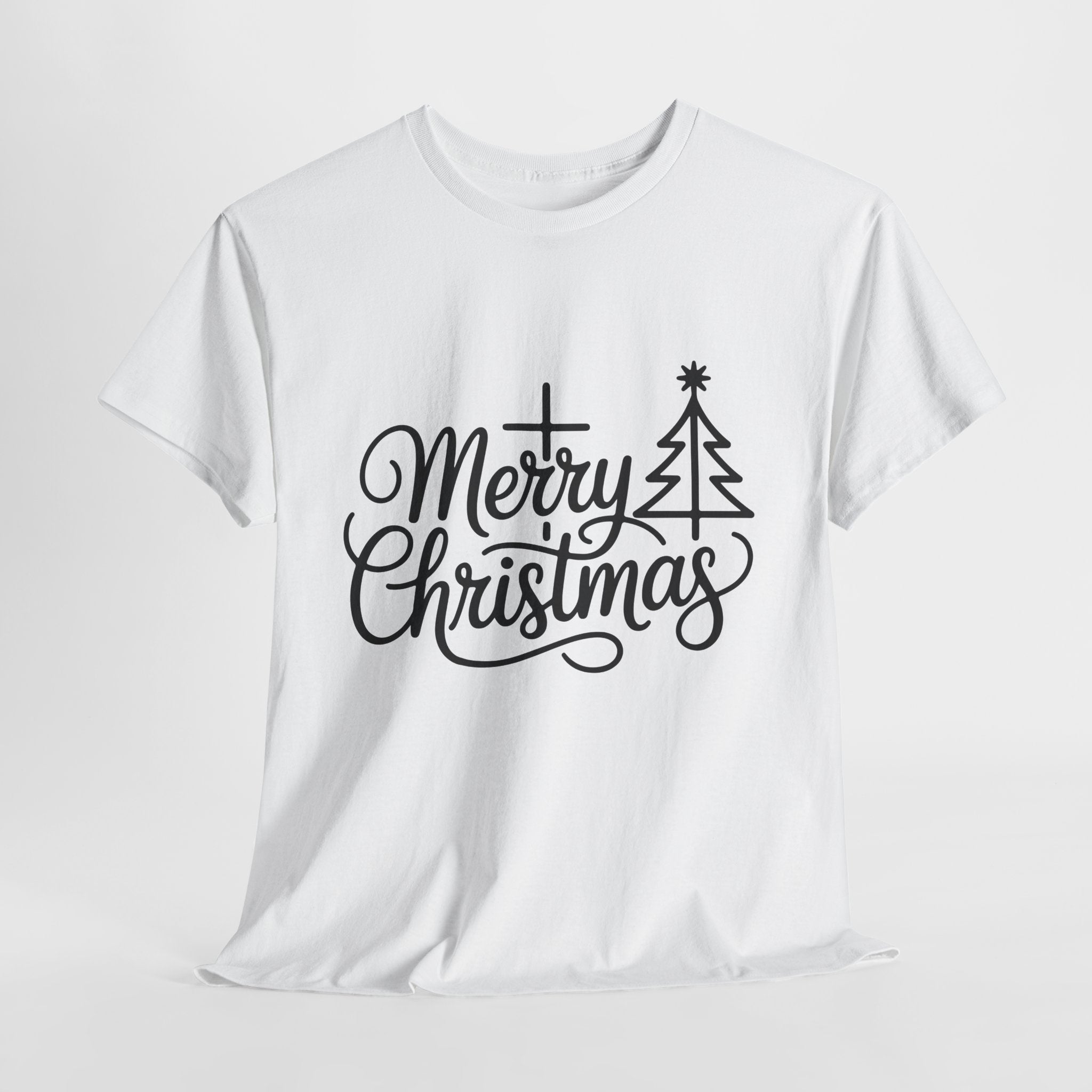 Merry Christmas Script T-Shirt with Cross & Tree(Unisex Cotton Tee)