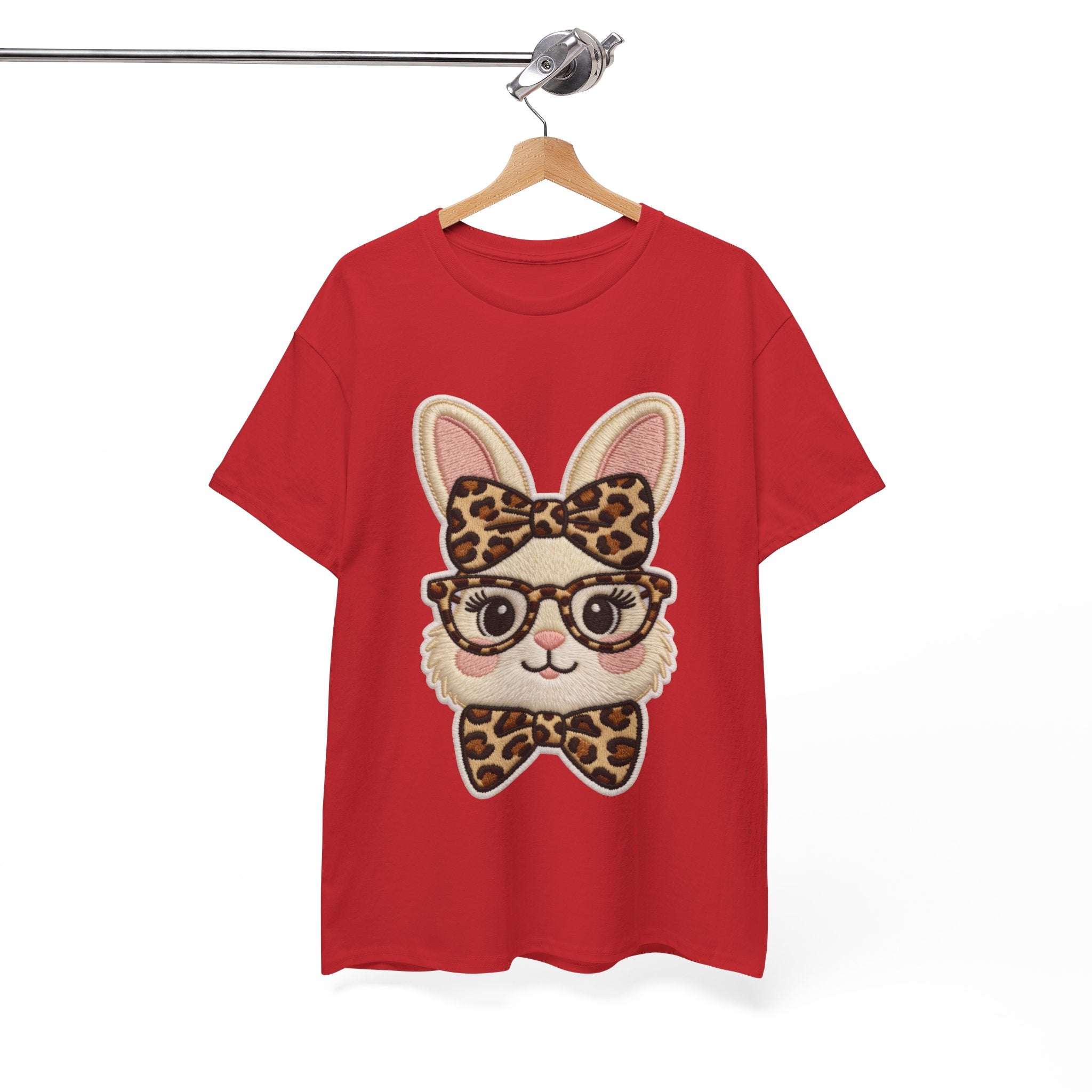 Leopard Bow Bunny Embroidered Tee — Cute Bunny Face with Glasses Patch Unisex Cotton Tee