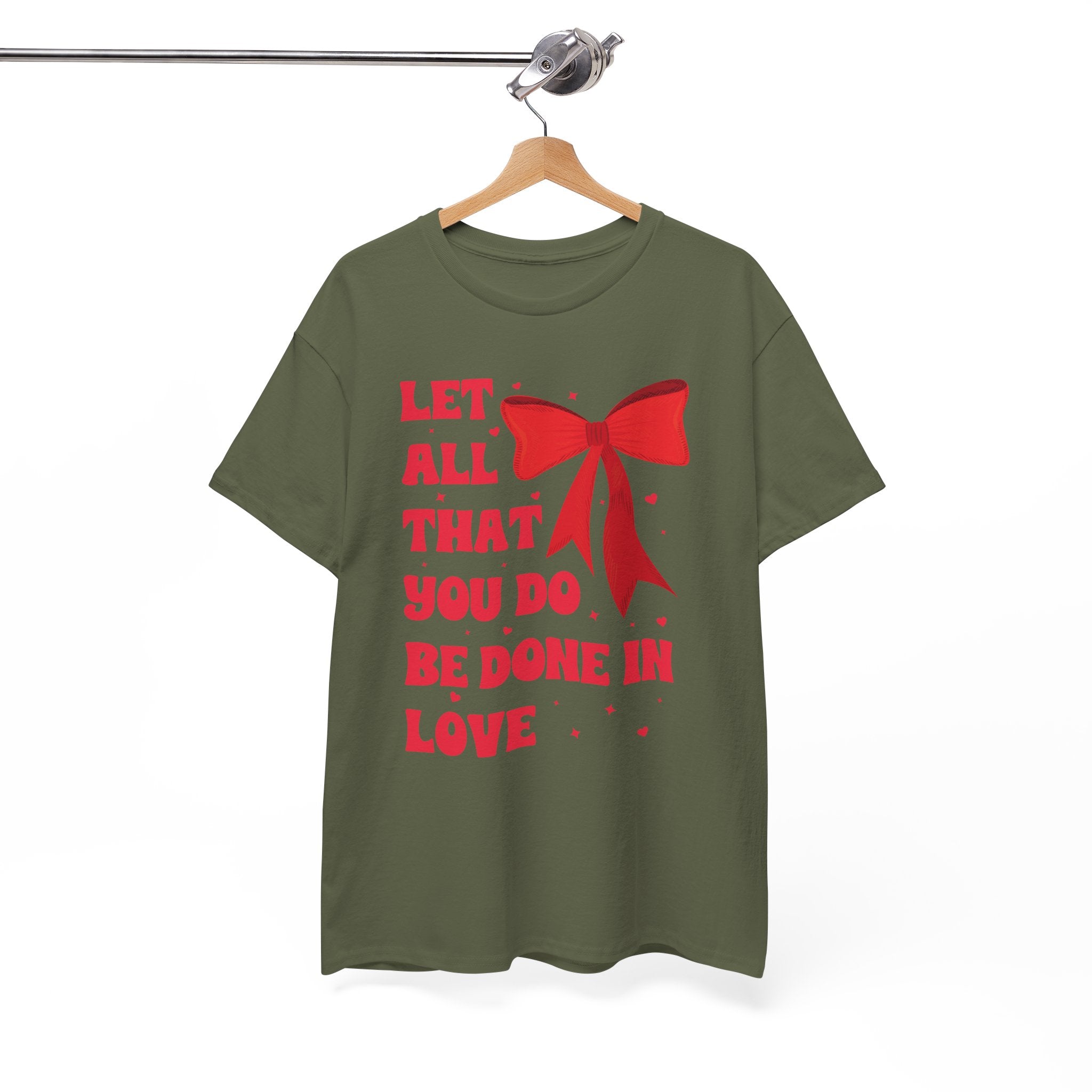 Valentine Tee — "Let All That You Do Be Done in Love" Heart Bow Unisex Cotton Shirt