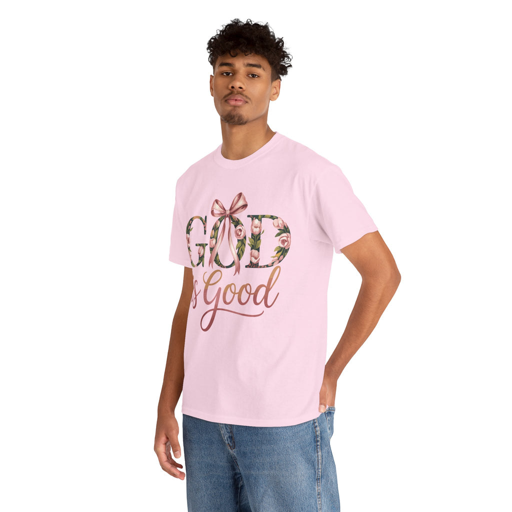 God Is Good Pink Rose Tee — Floral Ribbon Faith Unisex Cotton T-Shirt