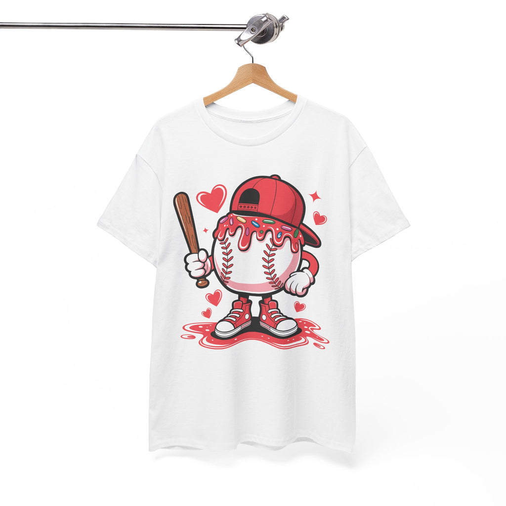 Cute Baseball Character T-Shirt — Red Cap & Icing Top Graphic with Hearts Unisex Cotton Tee