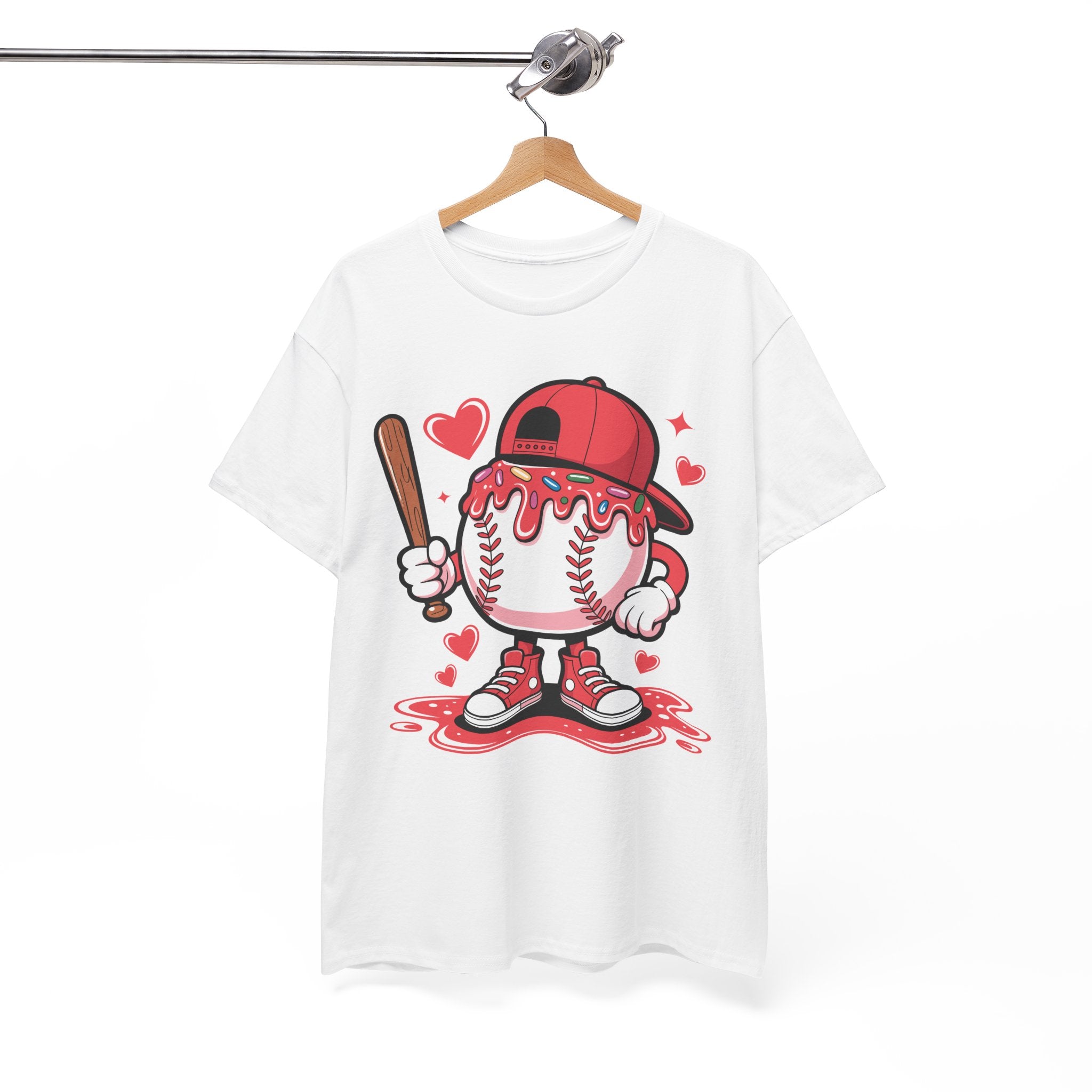 Cute Baseball Character T-Shirt — Red Cap & Icing Top Graphic with Hearts Unisex Cotton Tee