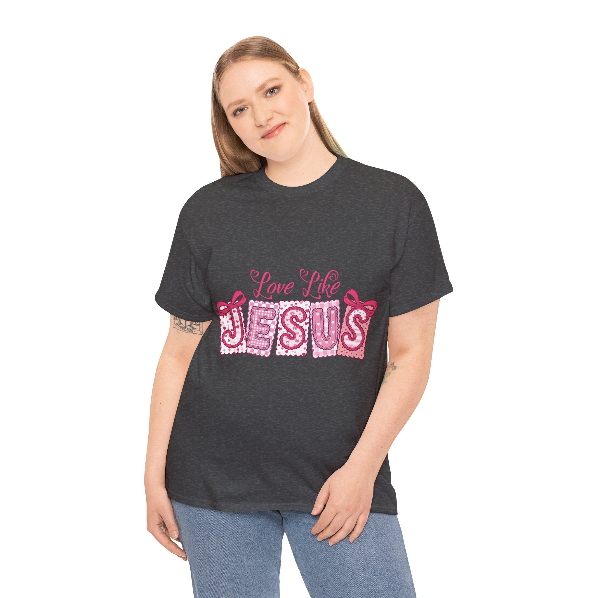 Love Like Jesus Patchwork Tee — Pink Stitched Heart Graphic.Unisex Cotton Tee