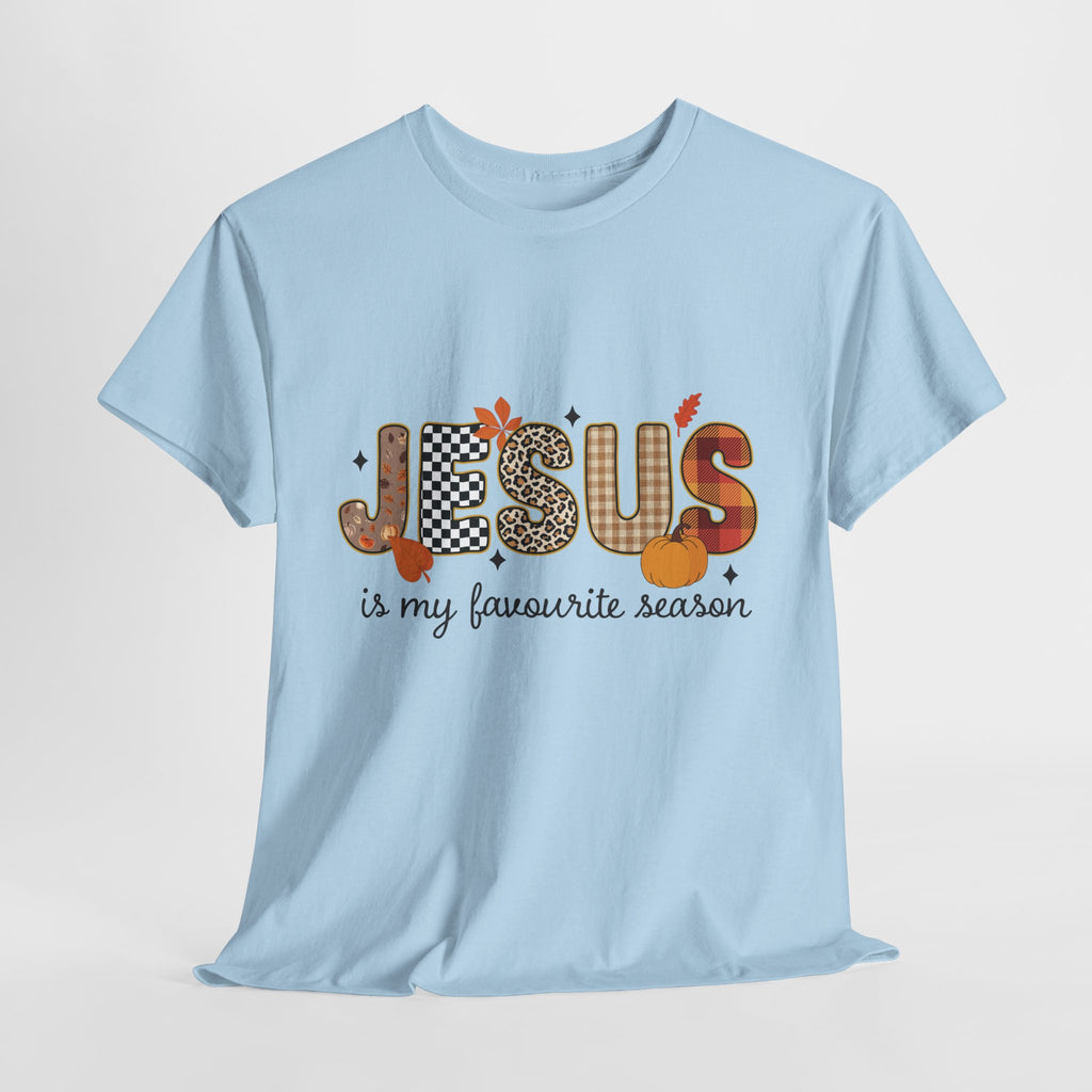 Jesus Is My Favorite Season Tee — Autumn Plaid & Leopard Lettering Unisex Cotton Tee