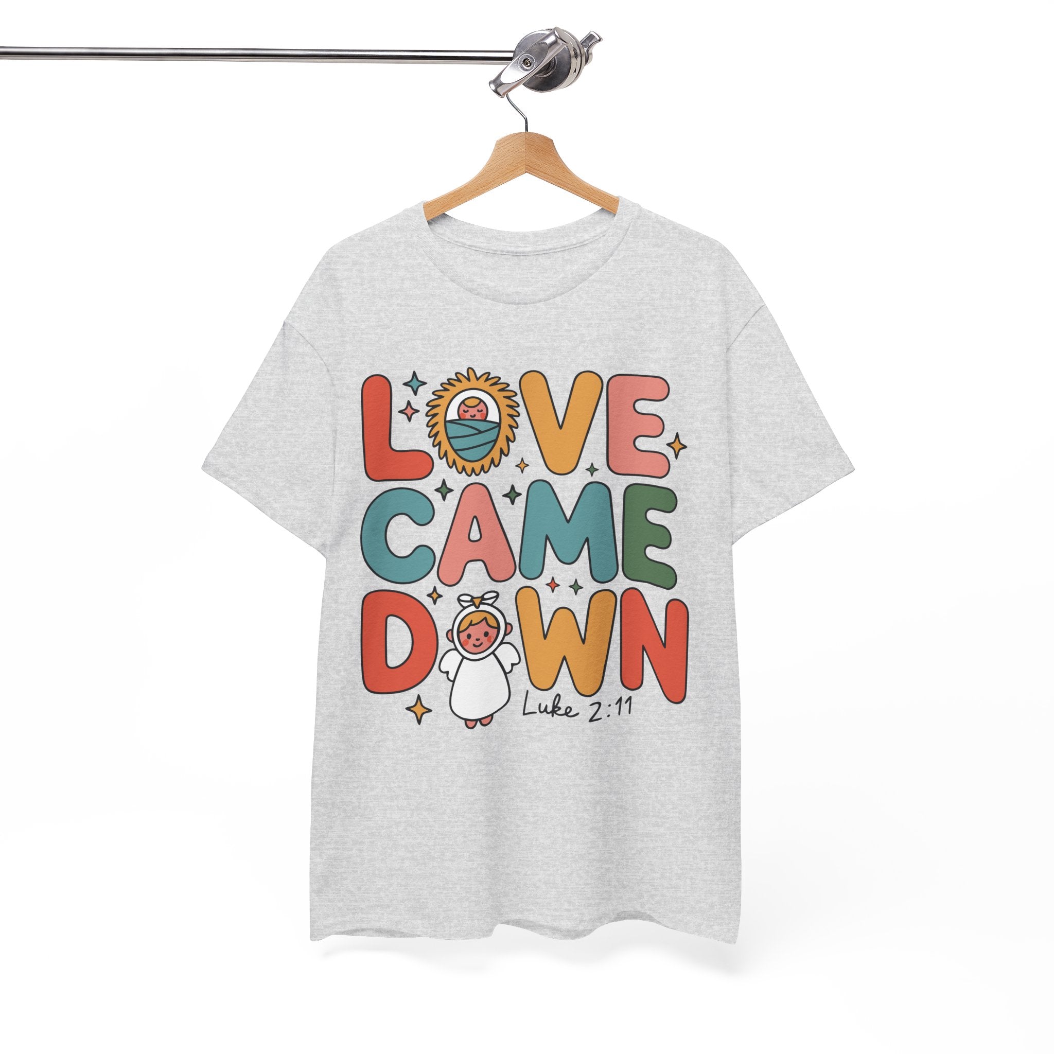 Love Came Down Christmas Tee — Baby Jesus Manger Angel (Luke 2:11)..Unisex Cotton Tee