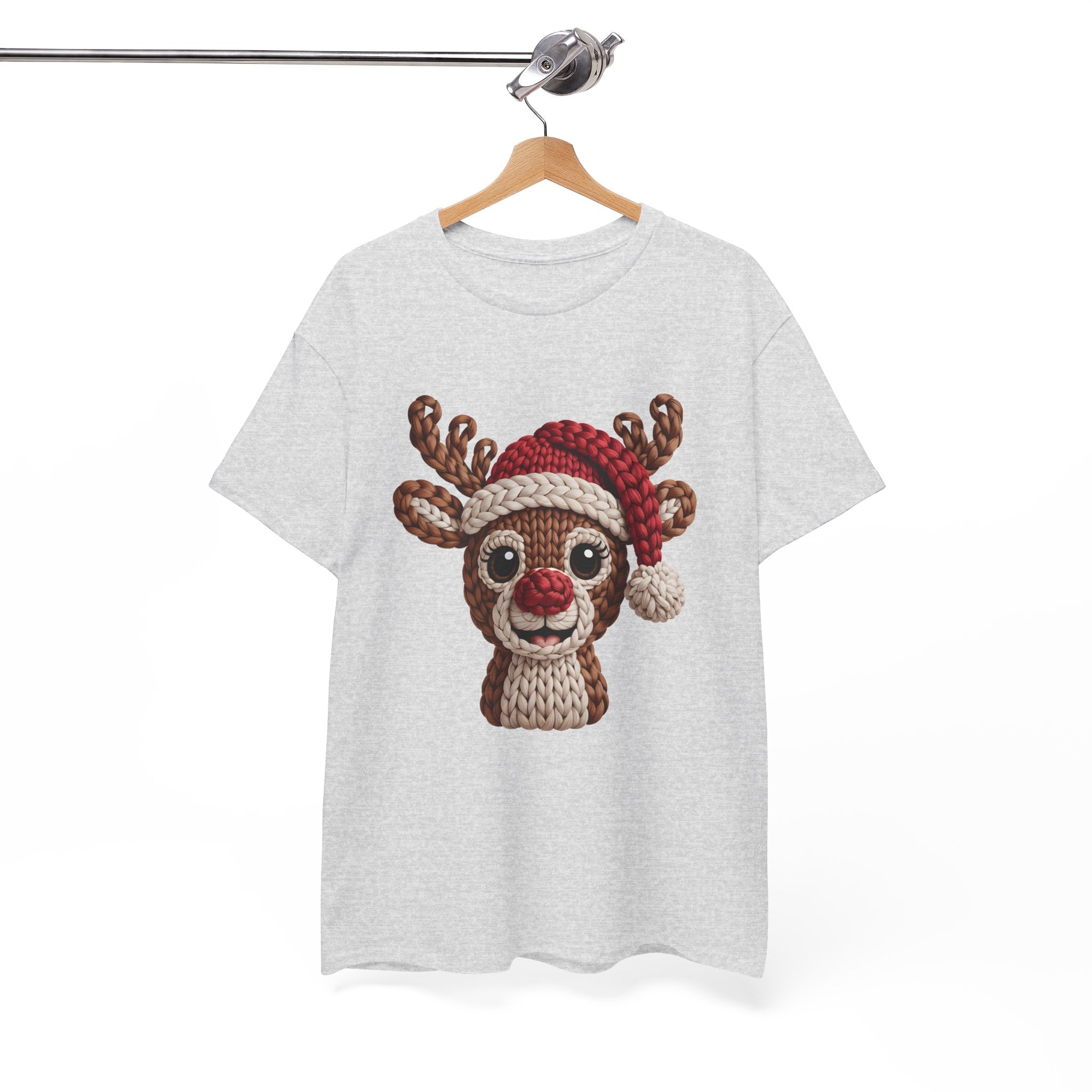 Reindeer in Santa Hat Cotton Tee — Joyful Faux-Yarn Holiday Unisex Coton T-Shirt