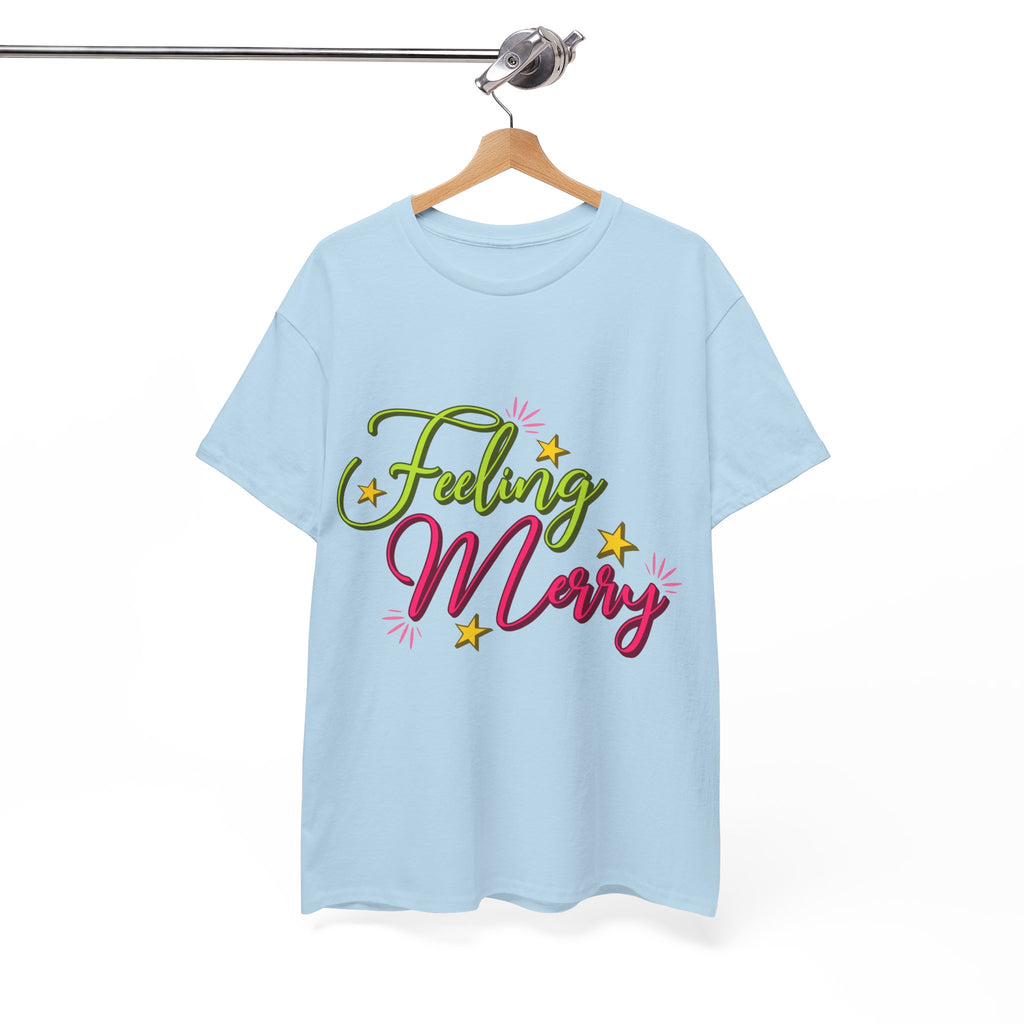 Feeling Merry T-Shirt — Bright Green & Pink Holiday Tee with Stars.Unisex Cotton Tee