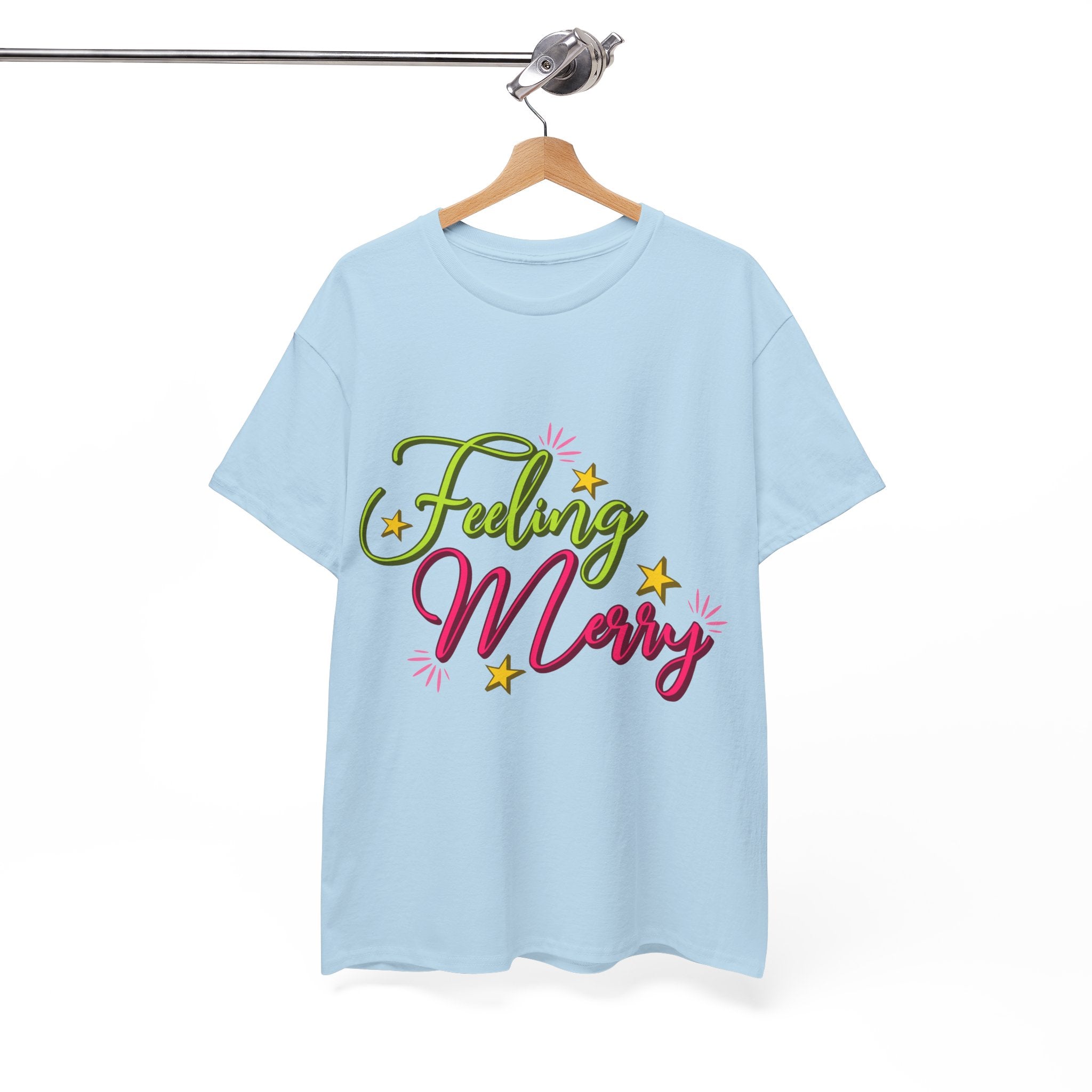 Feeling Merry T-Shirt — Bright Green & Pink Holiday Tee with Stars.Unisex Cotton Tee