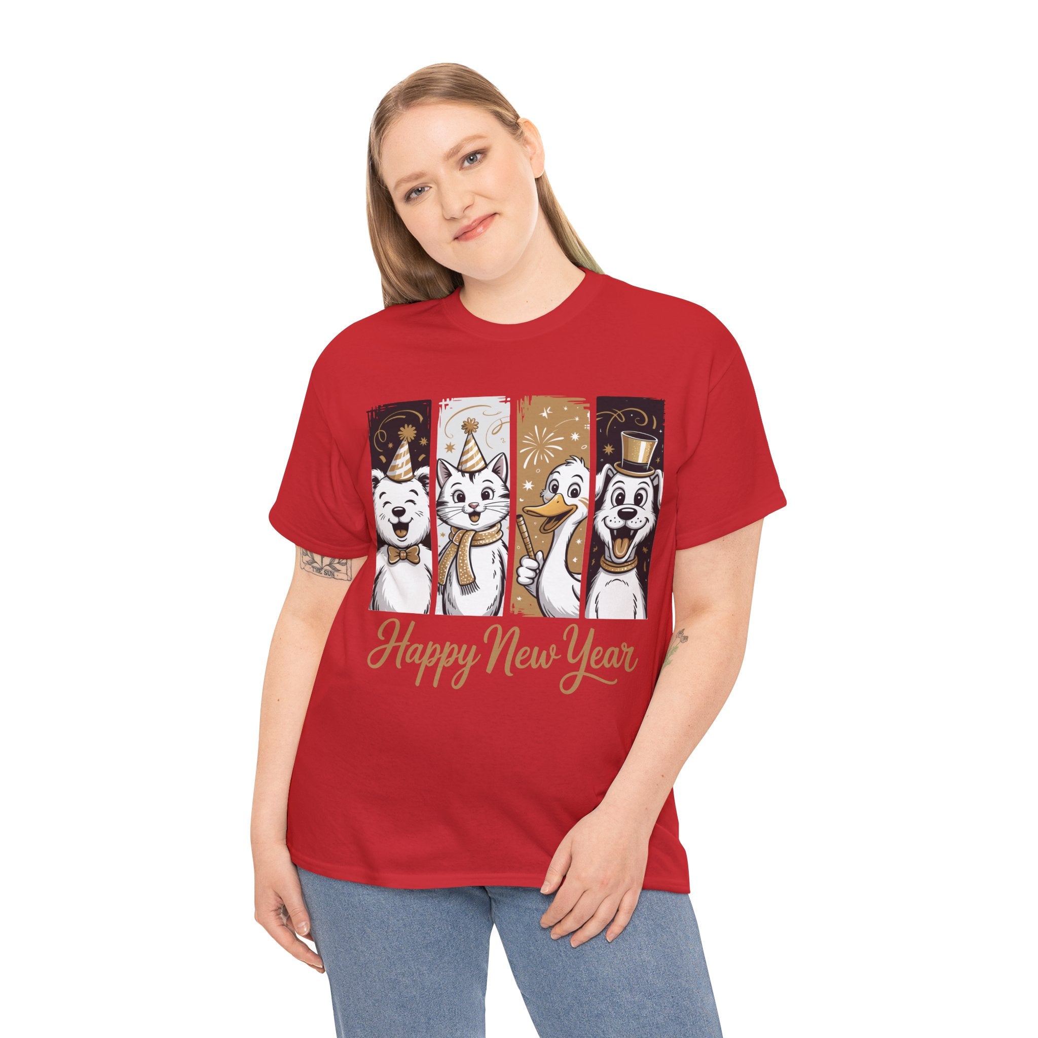 Happy New Year Party Animals T-Shirt — Cute Smiling Animals in Party Hats & Gold Fireworks..Unisex Cotton Tee