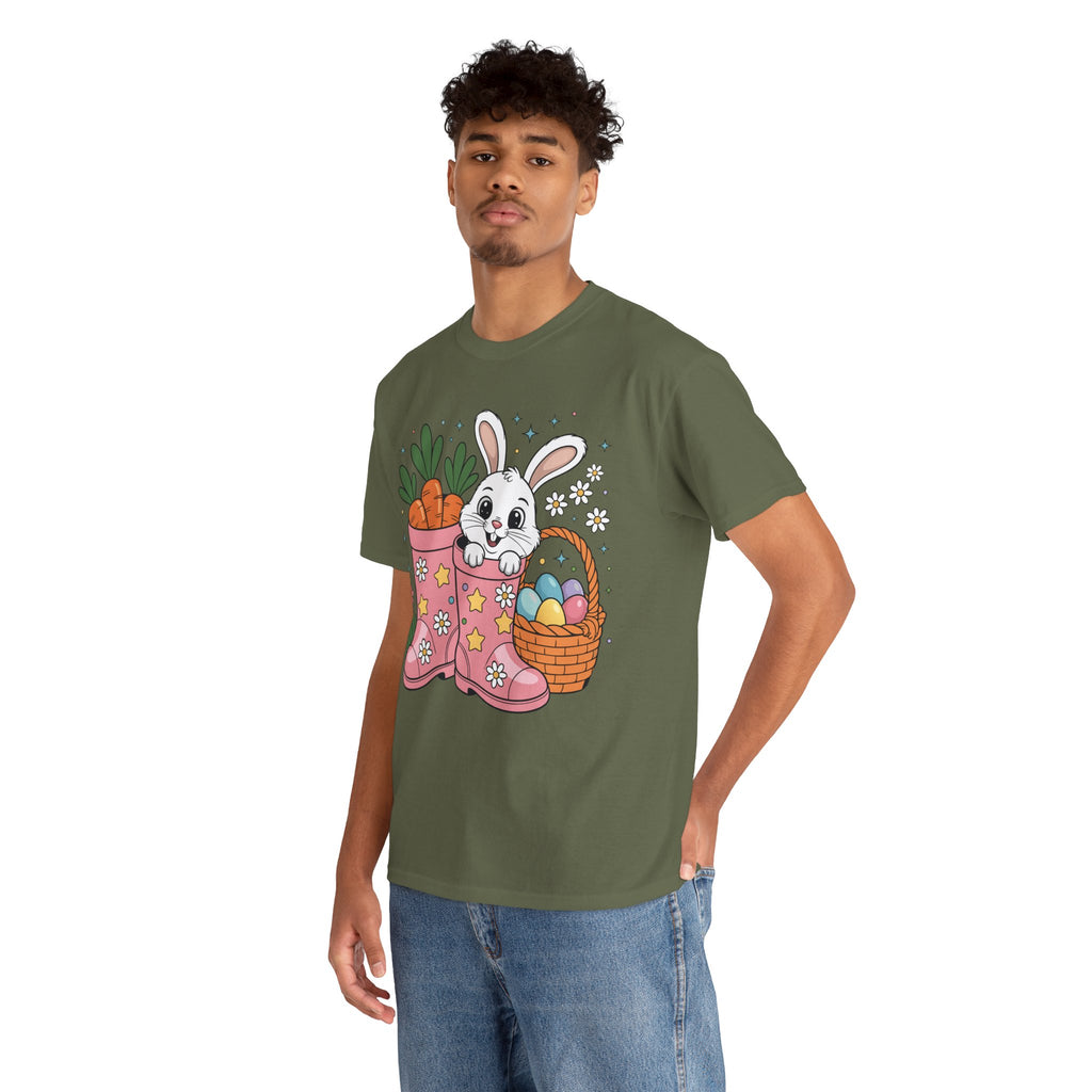 Easter Bunny in Pink Rain Boots T-Shirt — Cartoon Bunny, Carrots & Colorful Eggs Unisex Cotton Tee
