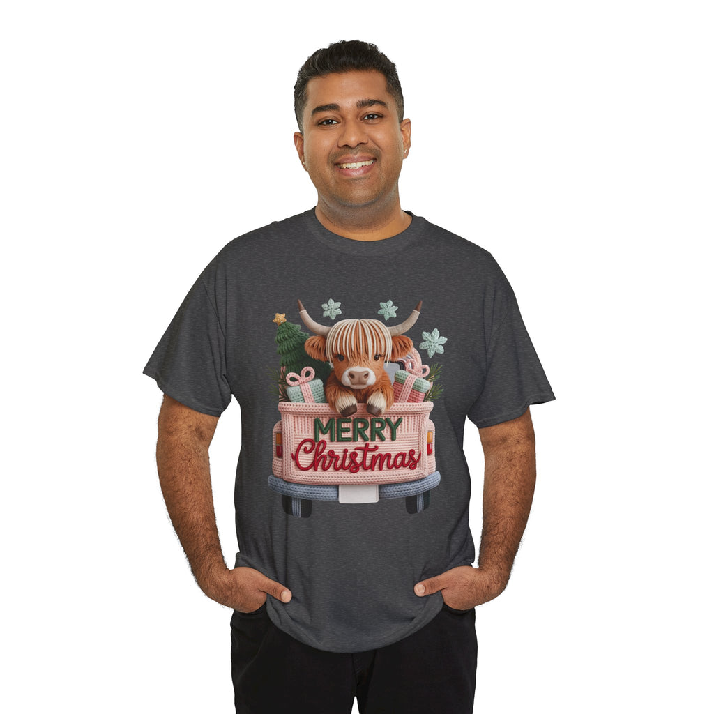 Merry Christmas Highland Cow Knit Truck Unisex Cotton T-Shirt