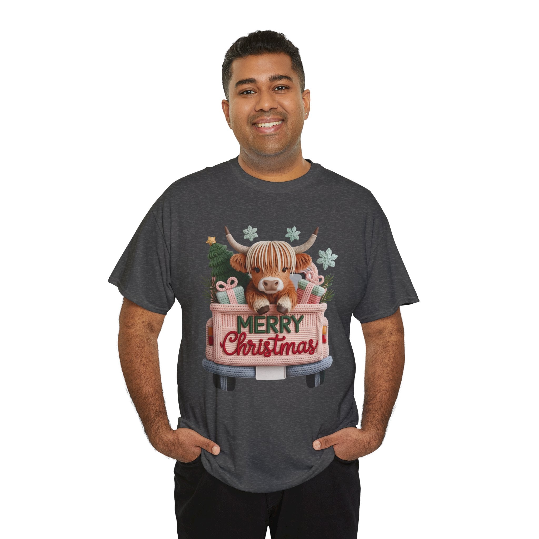 Merry Christmas Highland Cow Knit Truck Unisex Cotton T-Shirt