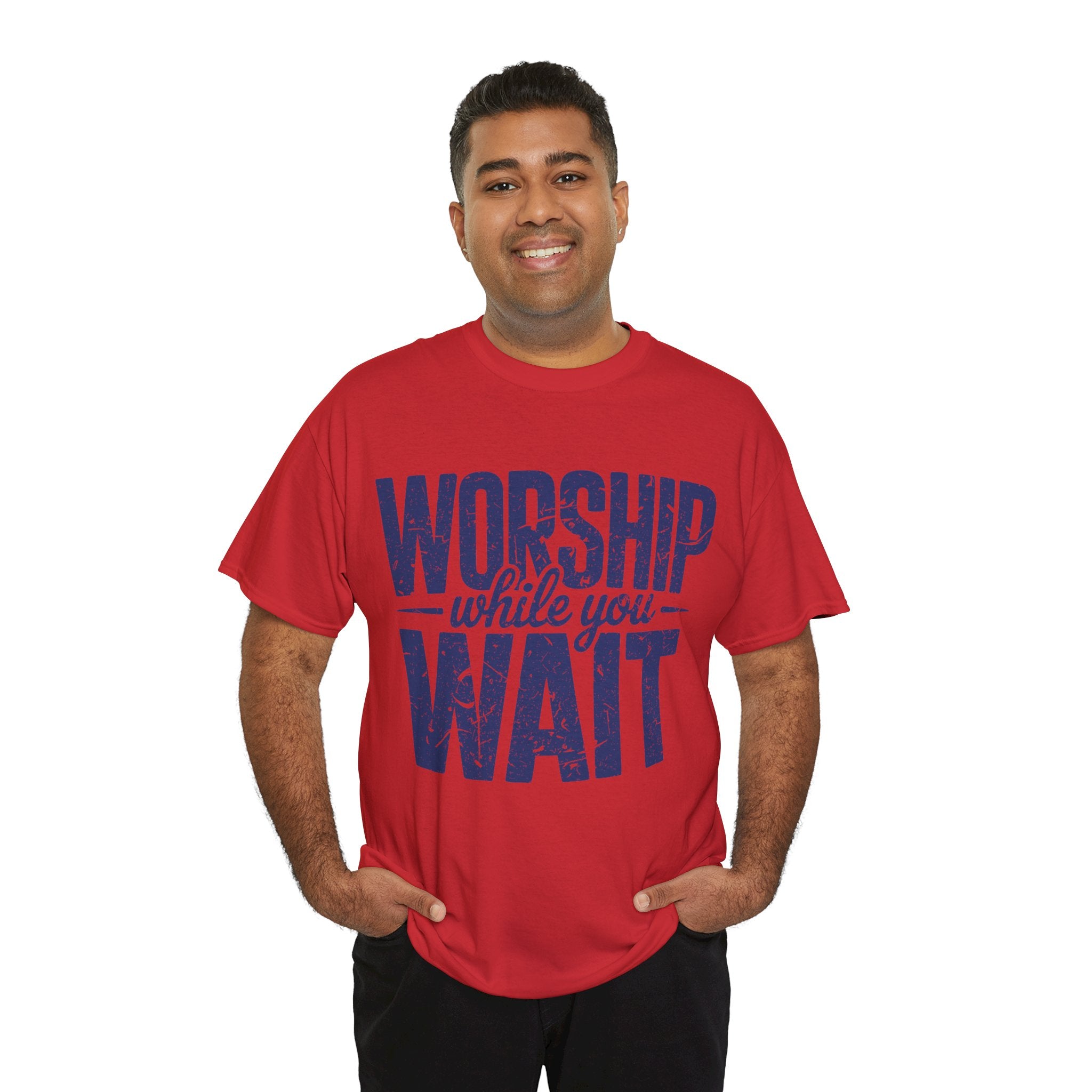Worship While You Wait T‑Shirt — Distressed Pastel Blue Faith Unisex Cotton Tee