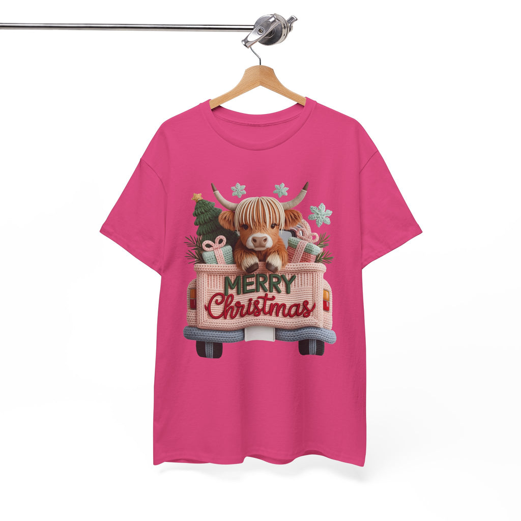 Merry Christmas Highland Cow Knit Truck Unisex Cotton T-Shirt