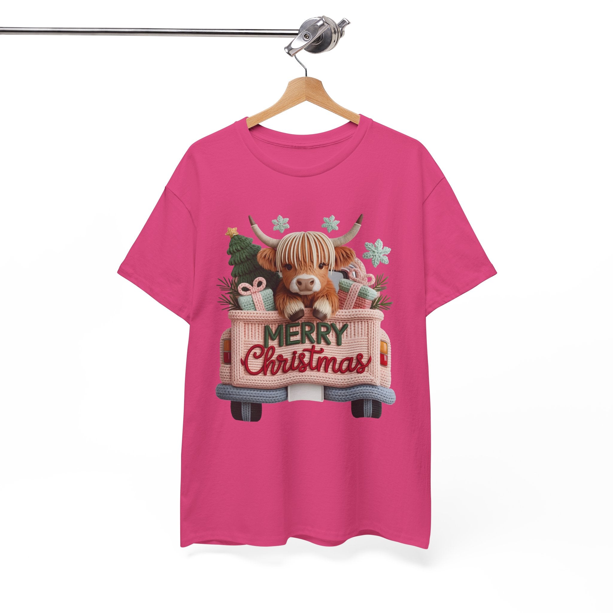 Merry Christmas Highland Cow Knit Truck Unisex Cotton T-Shirt