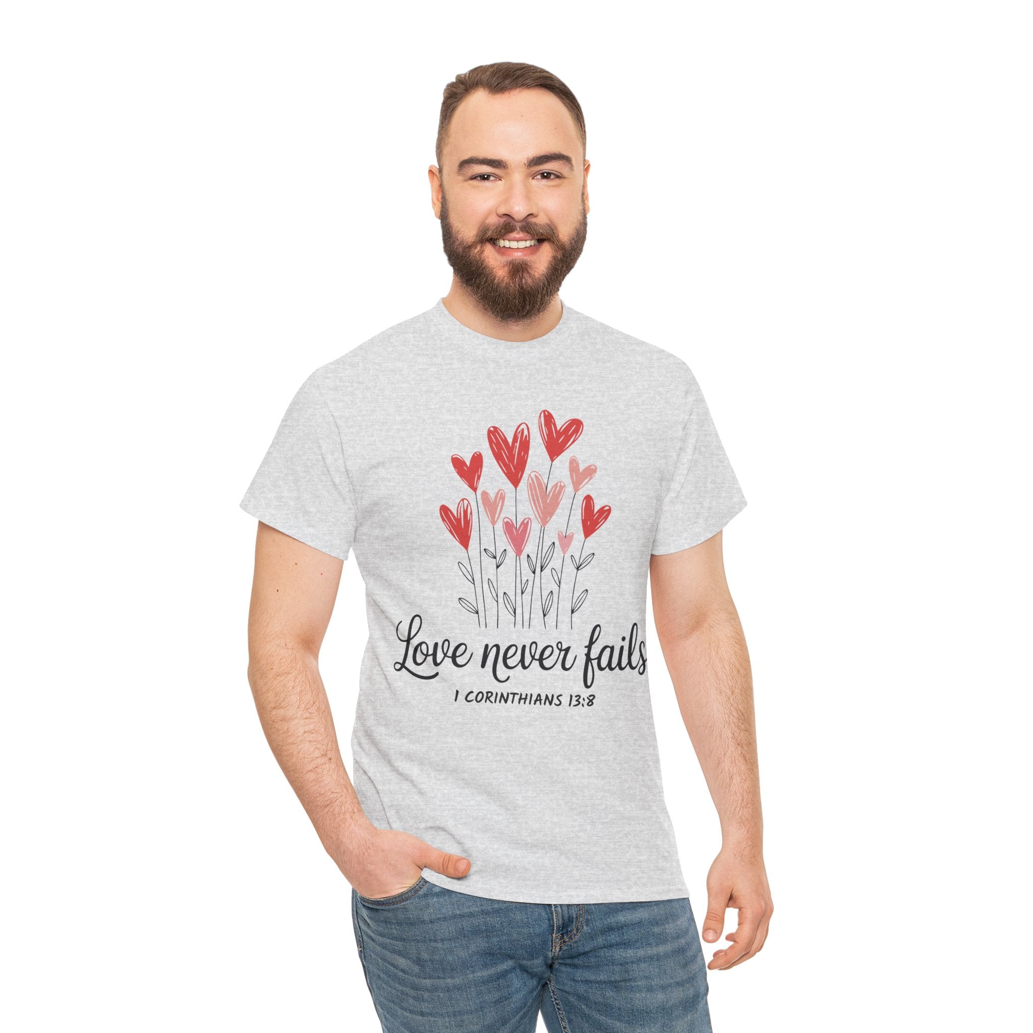 Christian Valentine T-Shirt — "Love Never Fails" (1 Corinthians 13:8) Unisex Cotton Tee