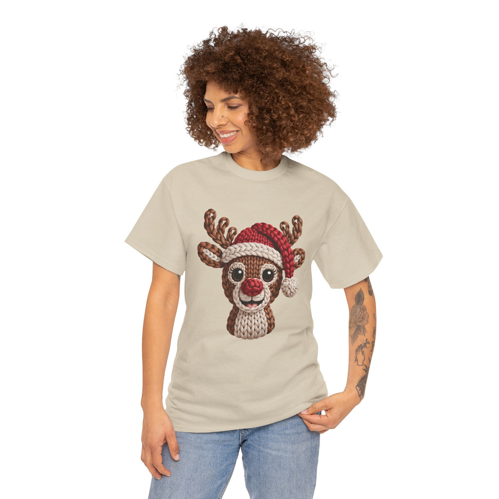 Reindeer in Santa Hat Cotton Tee — Joyful Faux-Yarn Holiday Unisex Coton T-Shirt