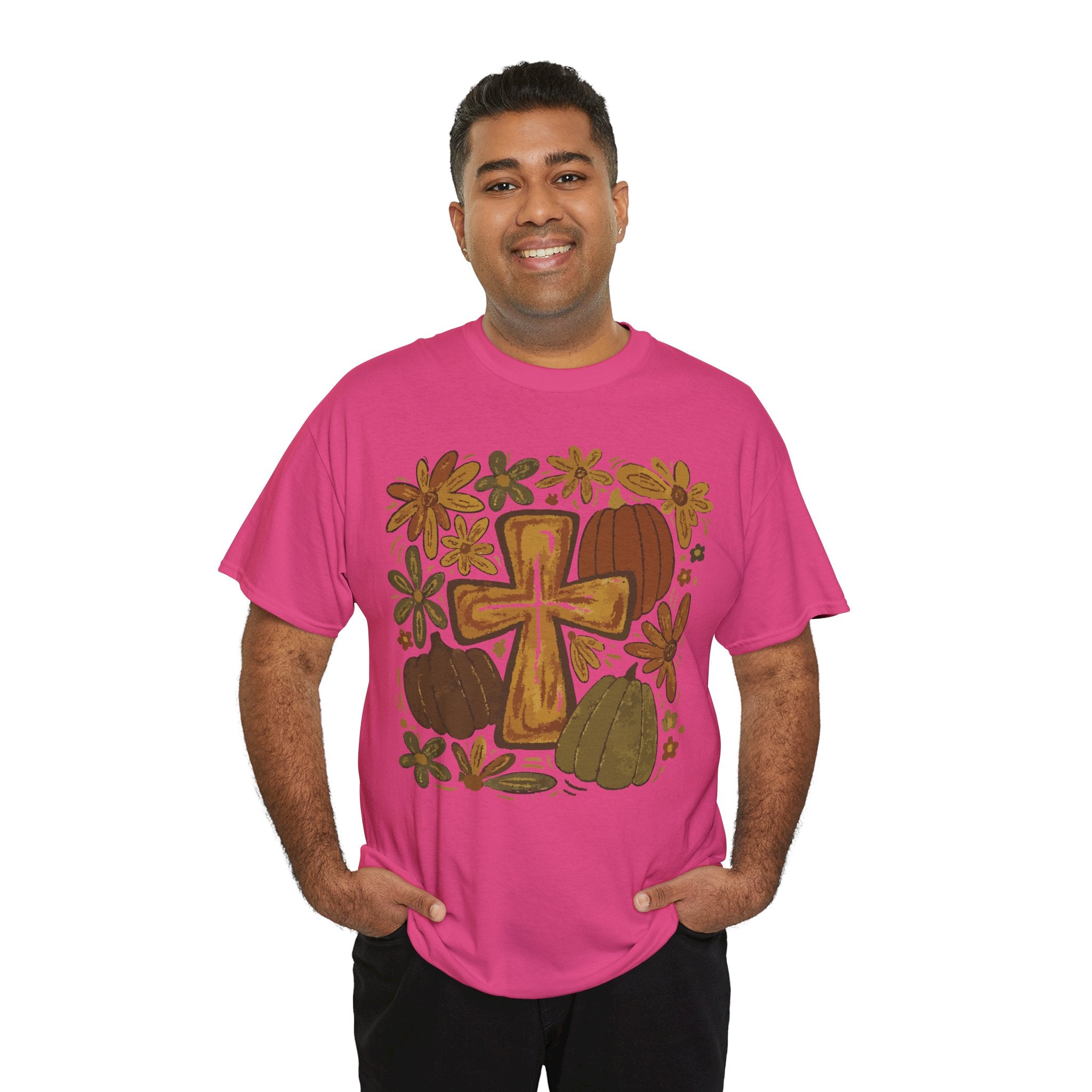 Autumn Cross Tee — Rustic Pumpkin & Fall Floral Christian Unisaex Cotton T-Shirt