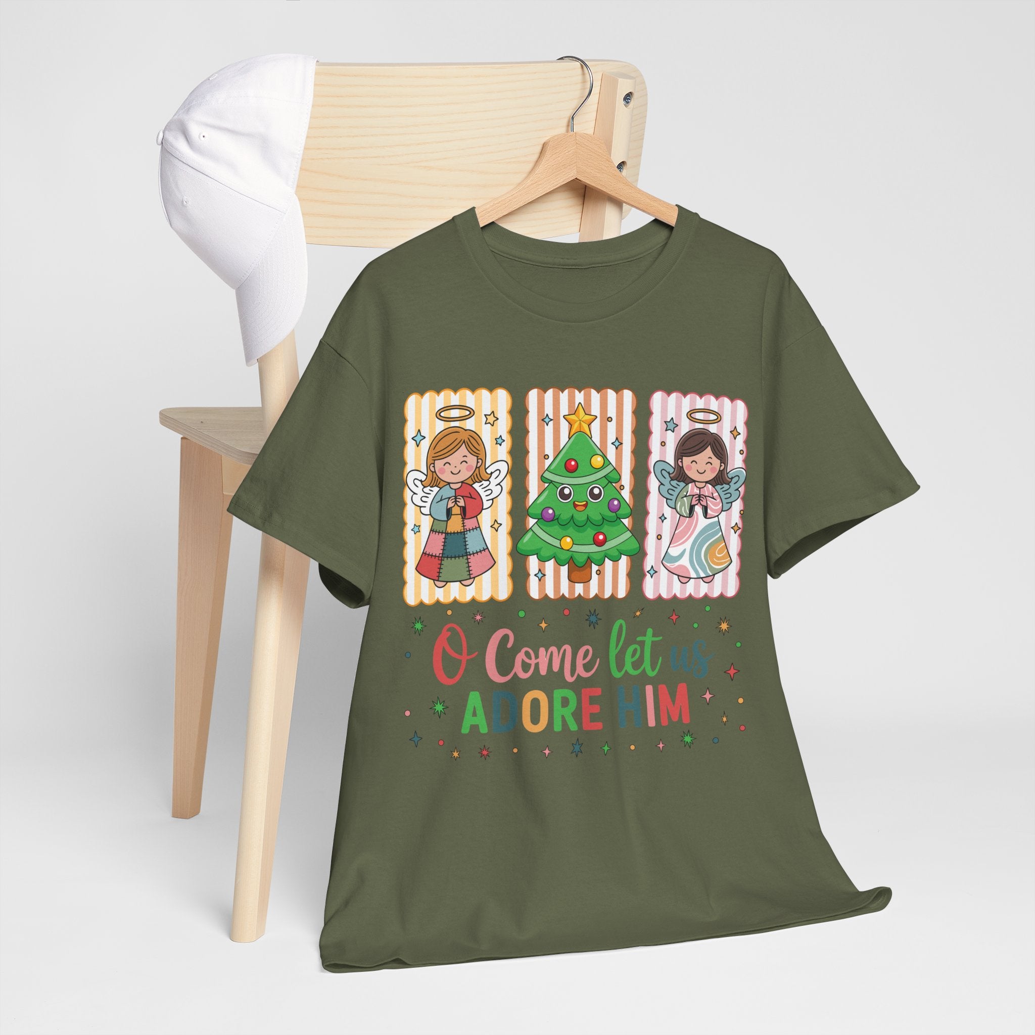 O Come Let Us Adore Him Christmas Tee — Smiling Angels & Happy Tree..Unisex Cotton Tee