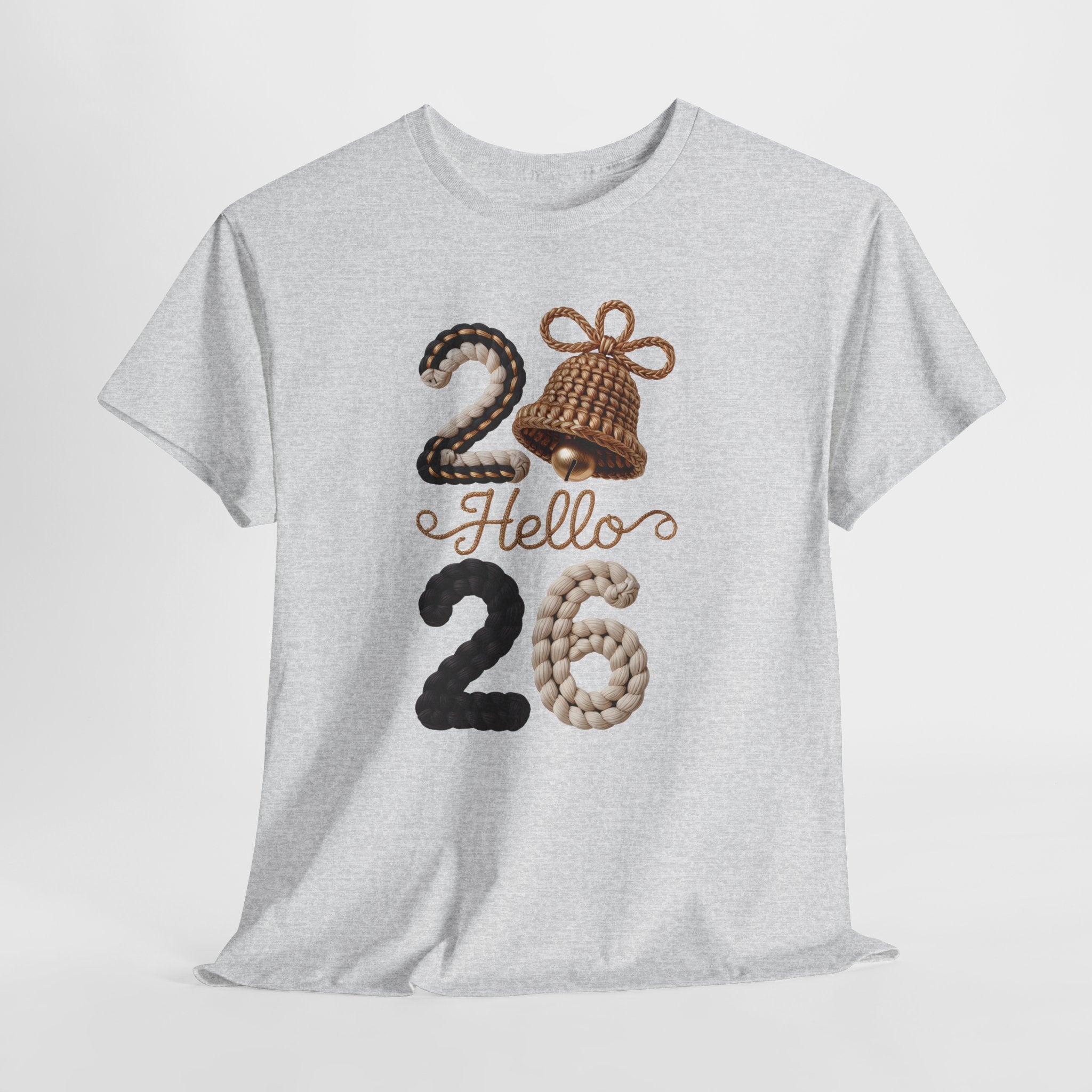 Hello 2026 Tee — Cozy Faux Yarn Braided Numbers with Woven Golden Bell..Unisex Cotton Tee