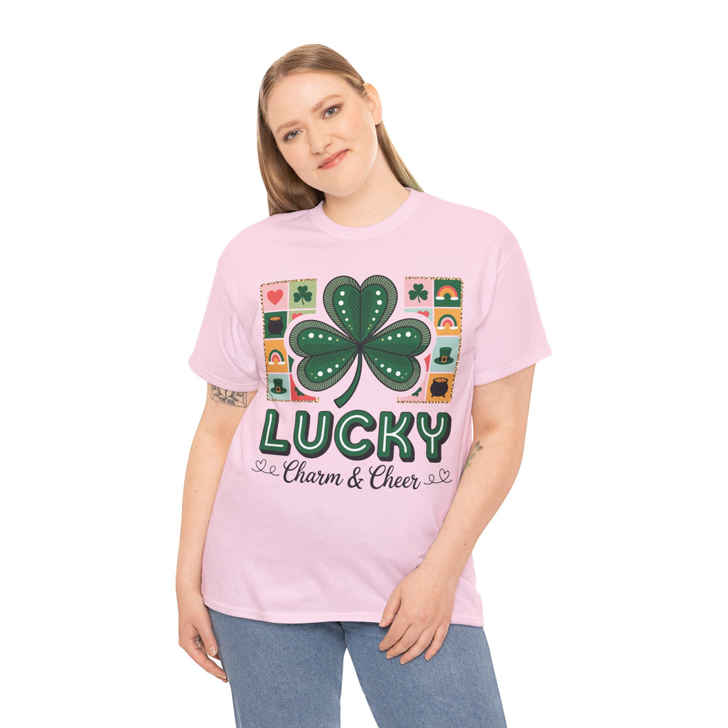 Lucky Charm & Cheer Clover Tee — Patchwork St. Patrick’s Day Unisex Cotton T-Shirt