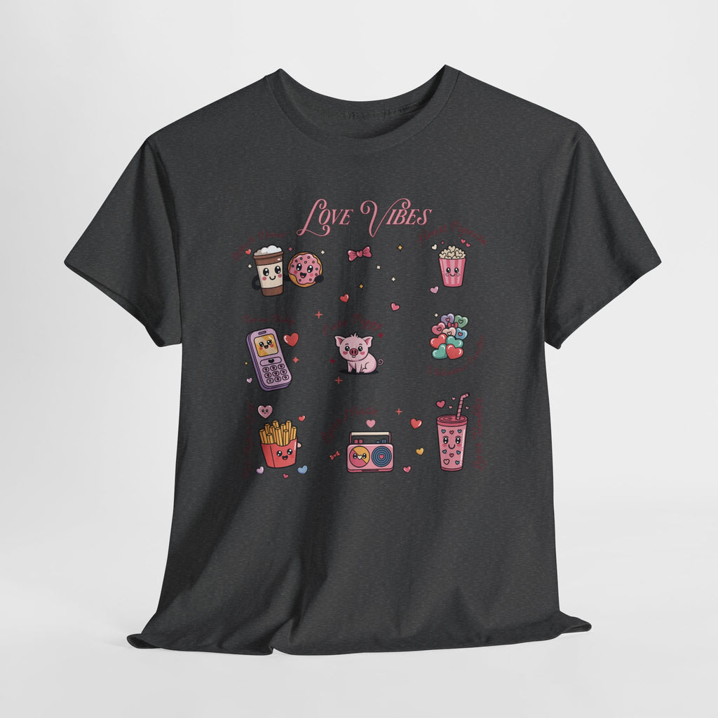 Love Vibes Kawaii Valentine T-Shirt — Cute Donut, Coffee & Piglet Design Unisex Cotton Tee