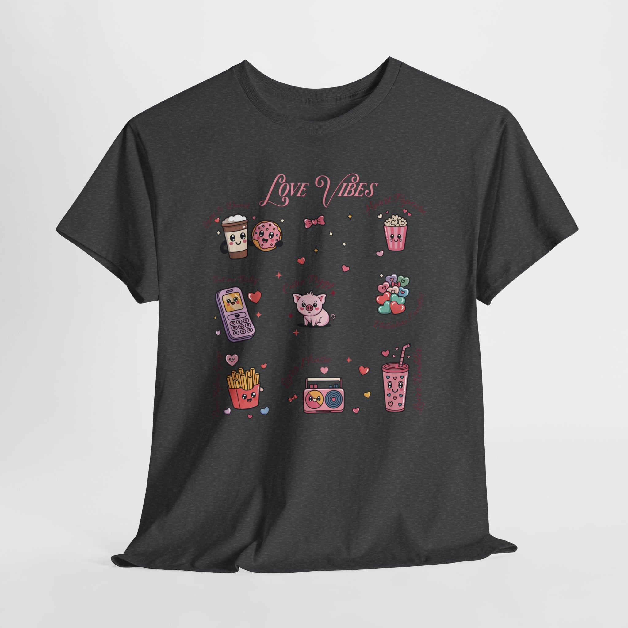 Love Vibes Kawaii Valentine T-Shirt — Cute Donut, Coffee & Piglet Design Unisex Cotton Tee