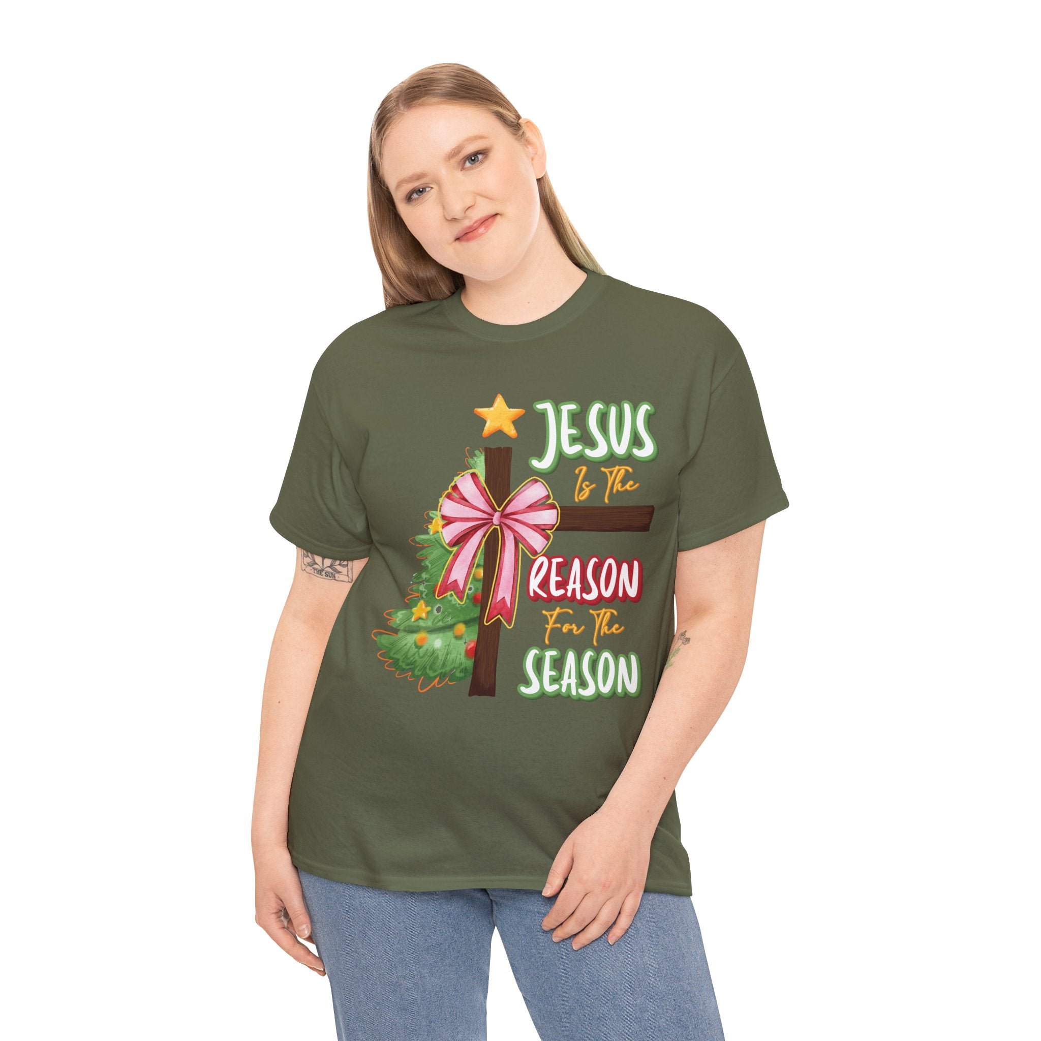 Jesus Is the Reason for the Season Christmas Tee — Cross with Pink Bow & Tree. Unisex Cotton Tee