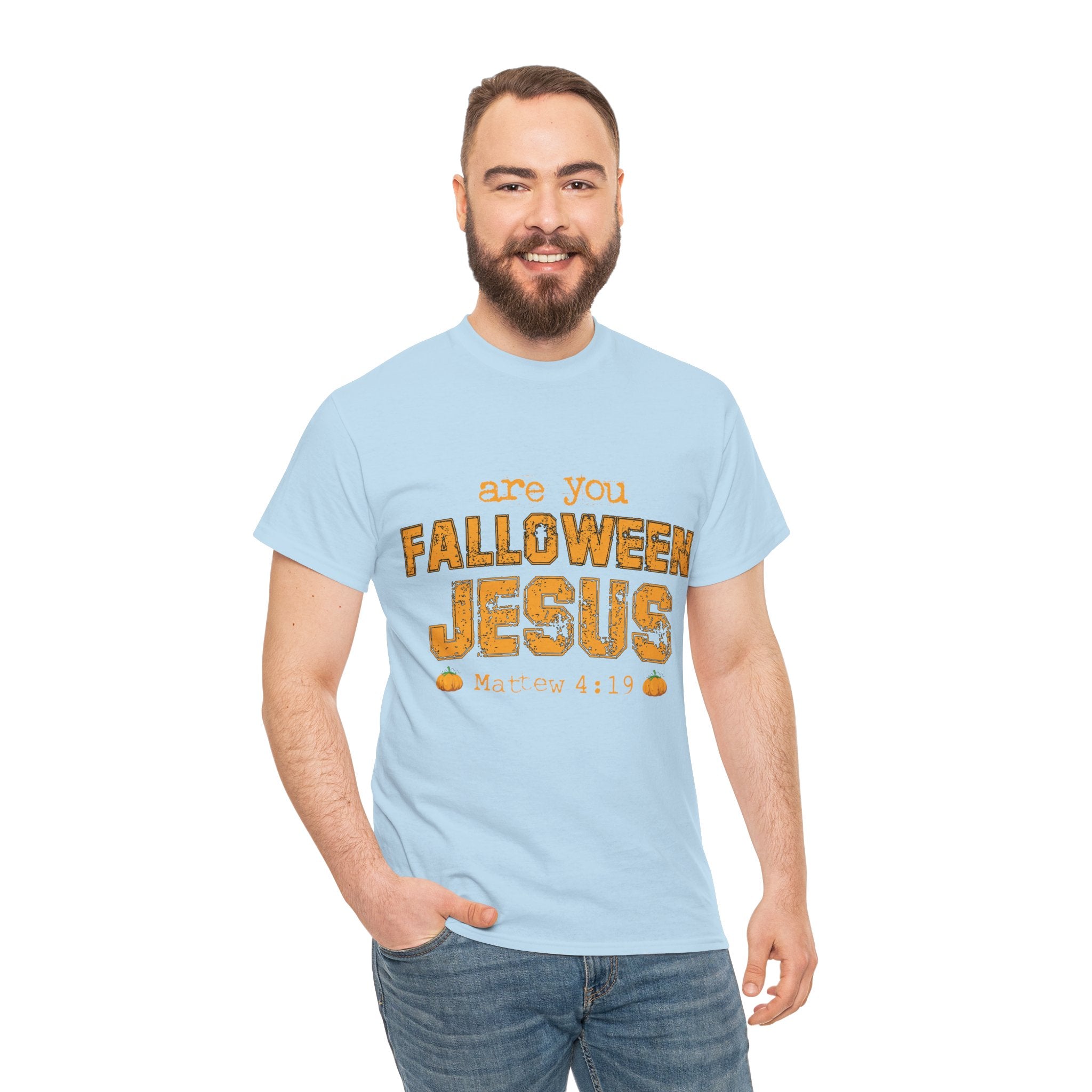 Christian Halloween T-Shirt — “Are You Falloween Jesus? Matthew 4:19” Distressed Pumpkin Design. Unisex Cotton Tee