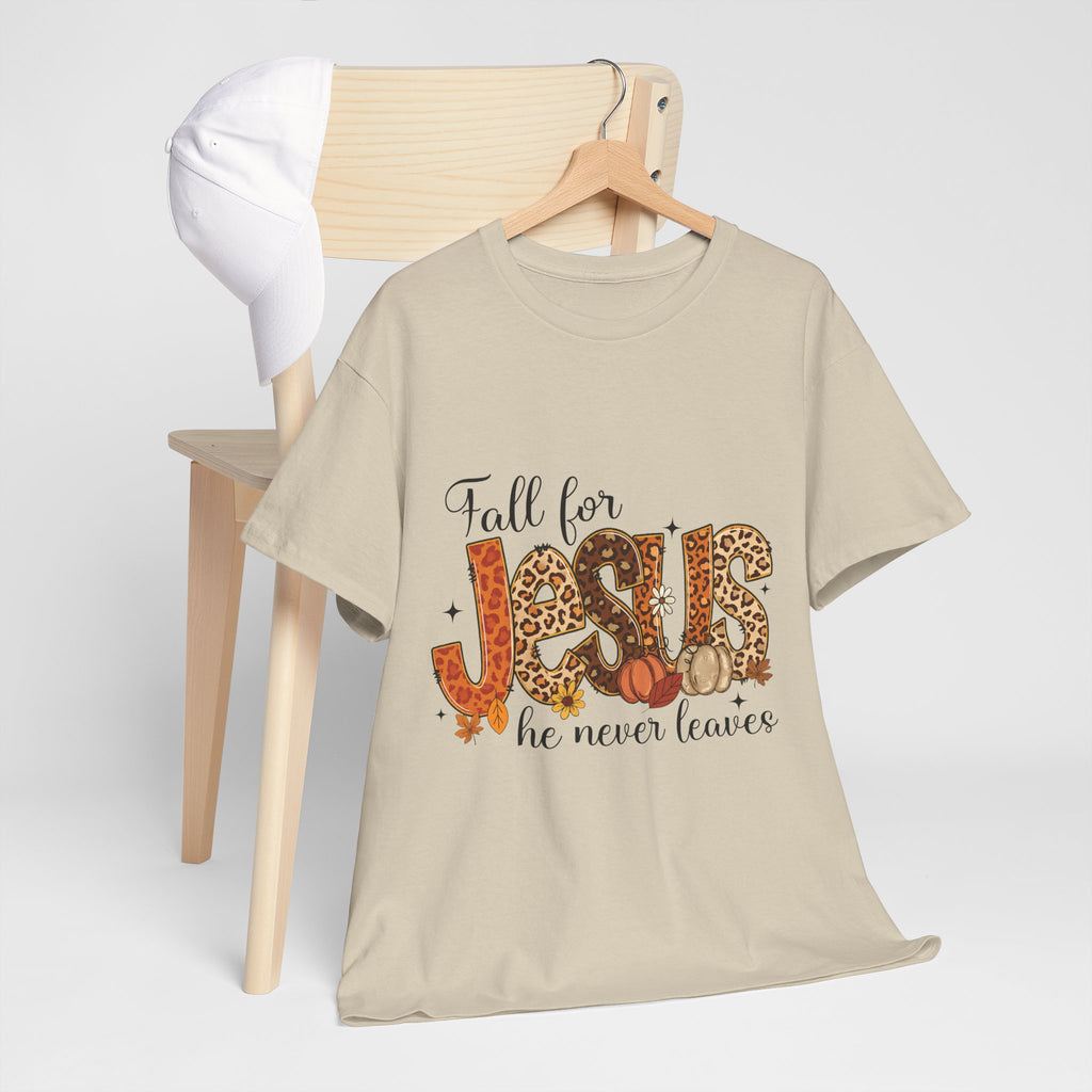 JESUS Leopard Print Fall T-Shirt — Pumpkins, Leaves & Floral Christian Unisex Cotton Tee