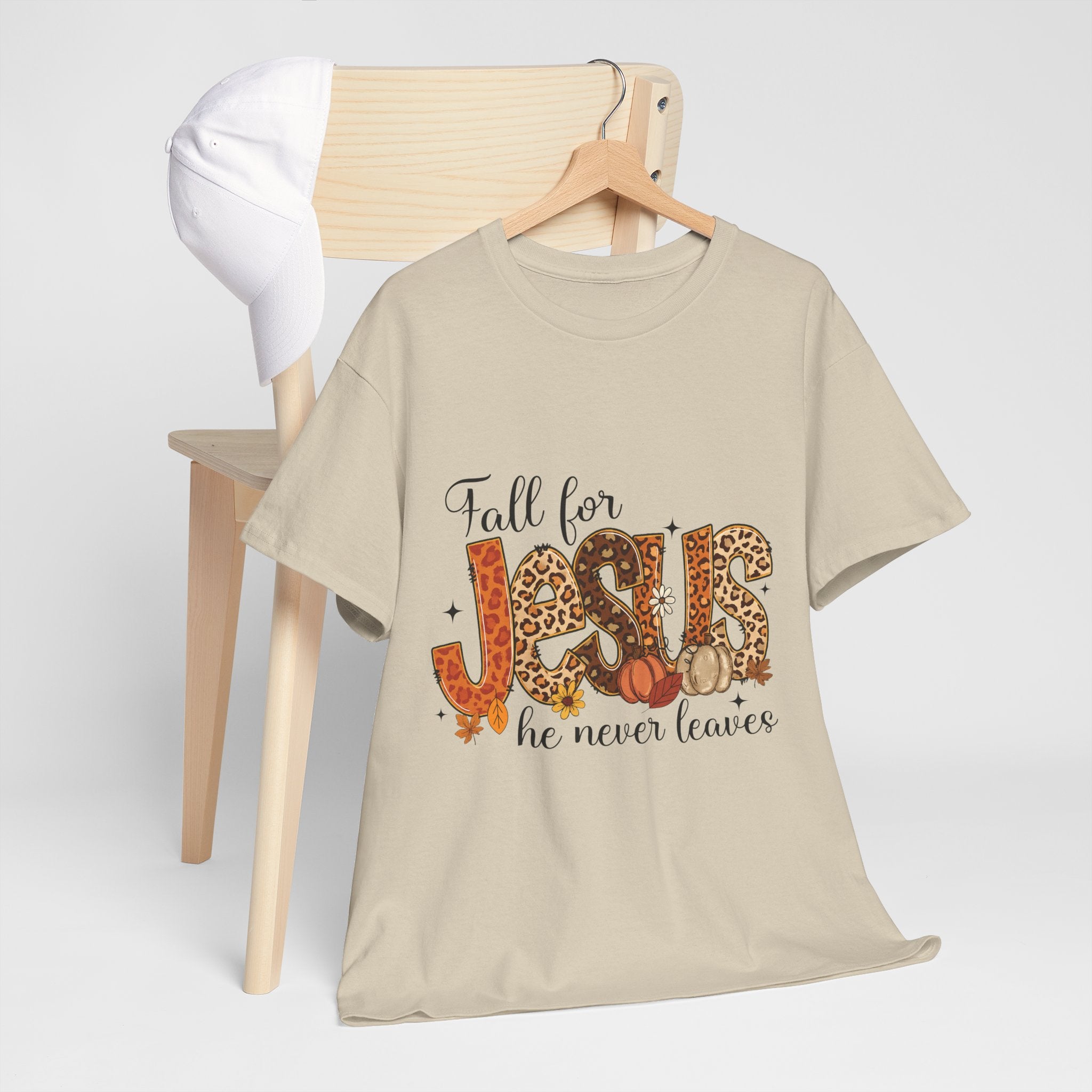 JESUS Leopard Print Fall T-Shirt — Pumpkins, Leaves & Floral Christian Unisex Cotton Tee