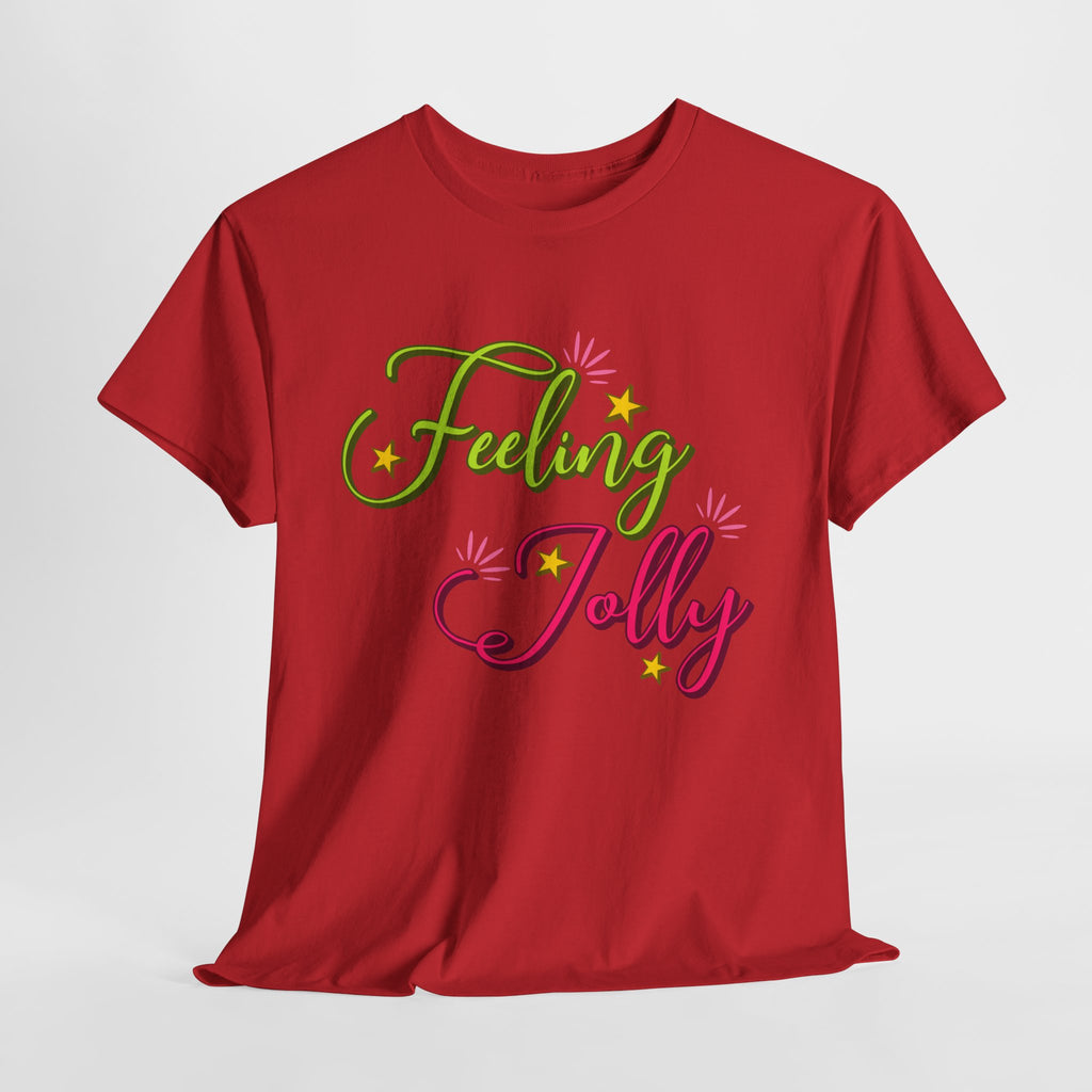 Feeling Jolly Tee — Festive Green & Pink Script with Yellow Stars Unisex Cotton Tee