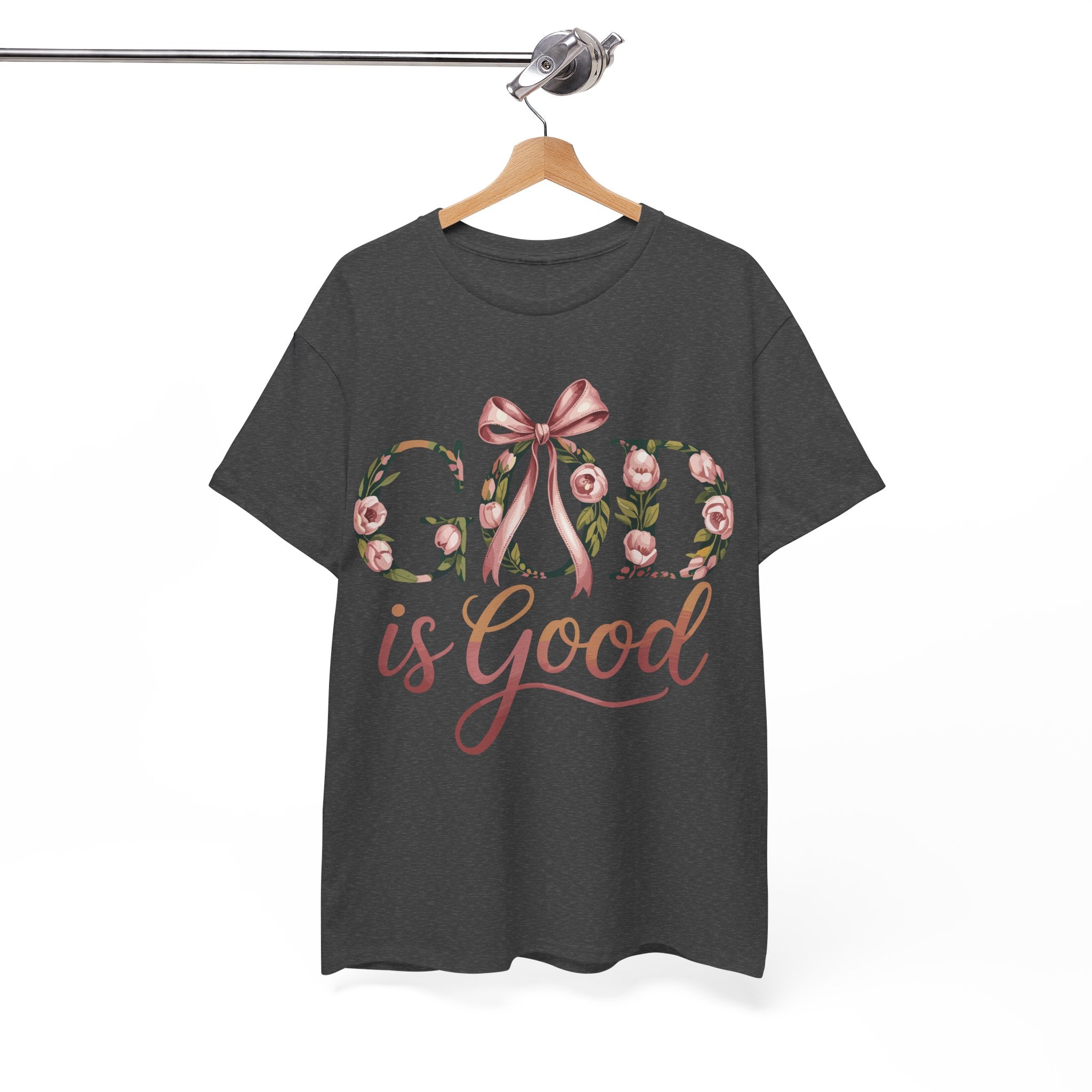 God Is Good Pink Rose Tee — Floral Ribbon Faith Unisex Cotton T-Shirt