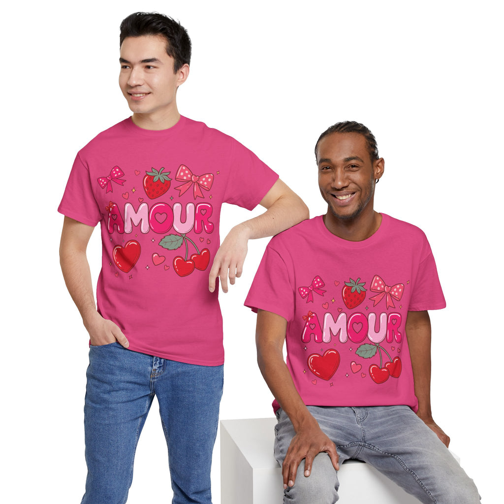 Amour Pink Hearts Tee — Shiny Lettering with Bows, Cherries & Strawberry Accent...Unisex Cotton Tee