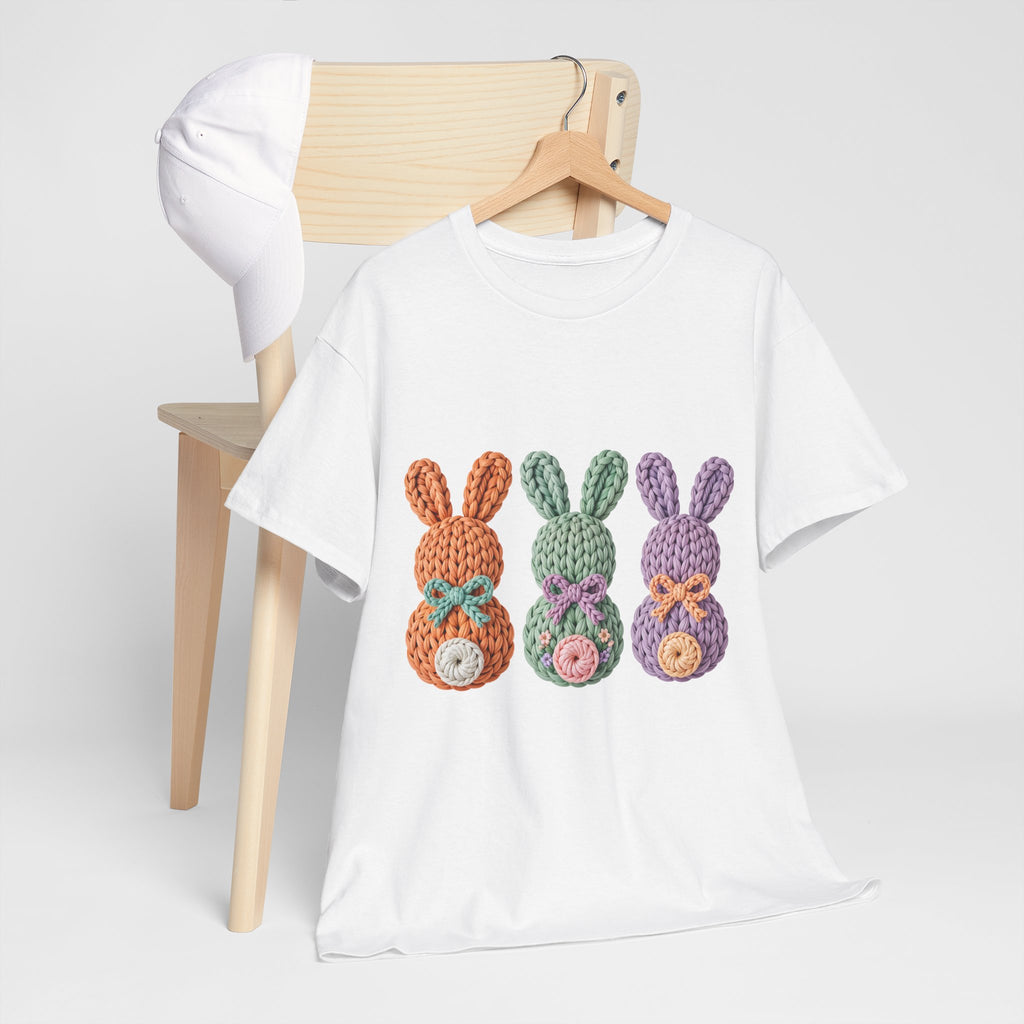 Pastel Crochet Bunny Tee — Trio of Faux Knit Bunnies with Bows & Flowers Unisex Cotton Tee
