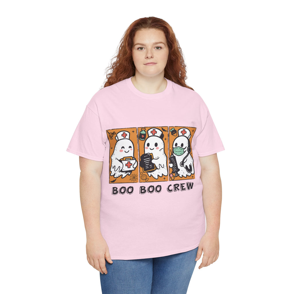 Halloween Nurse T-Shirt — Ghost Nurses Holding Medical Tools on Orange Unisec Cotton Tee