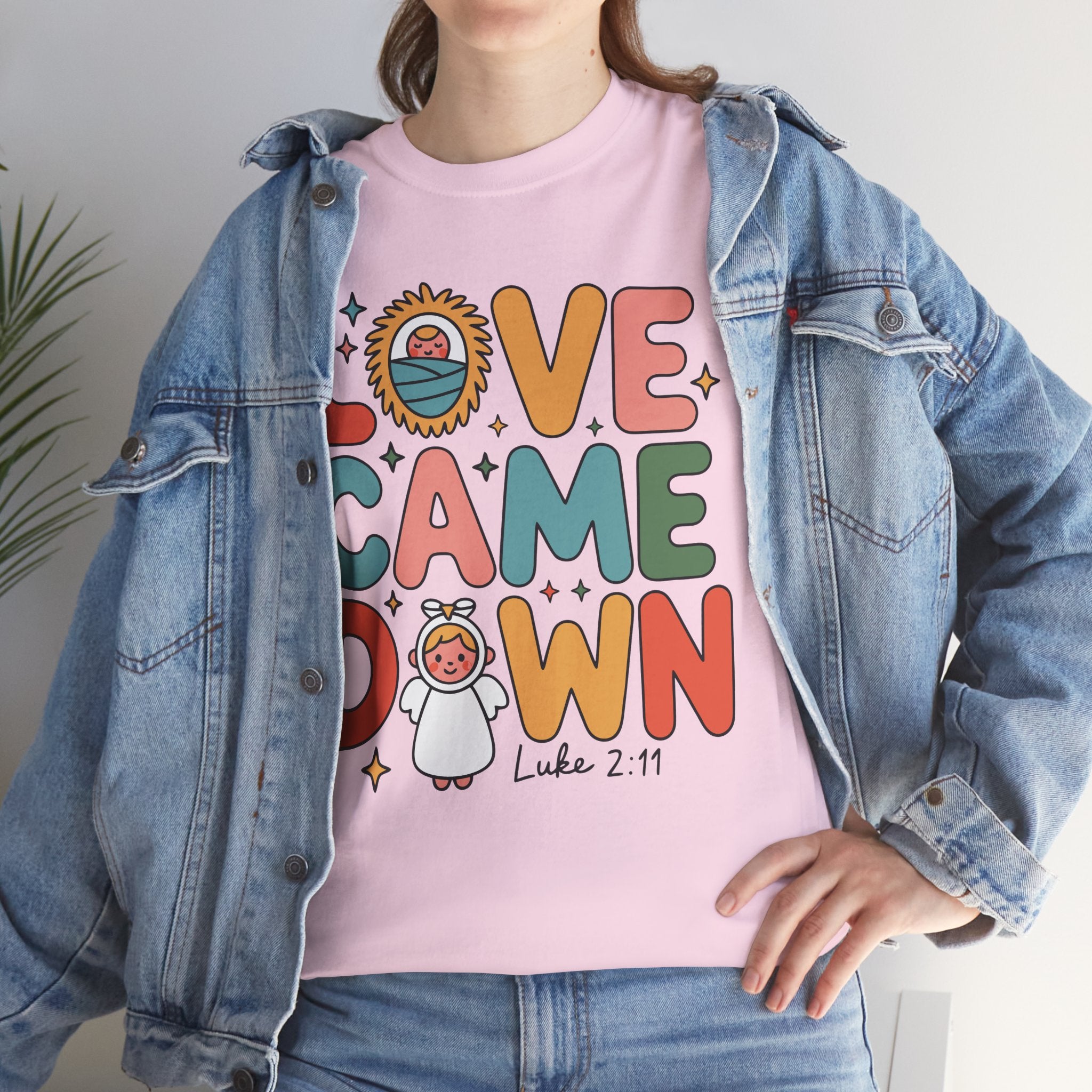 Love Came Down Christmas Tee — Baby Jesus Manger Angel (Luke 2:11)..Unisex Cotton Tee