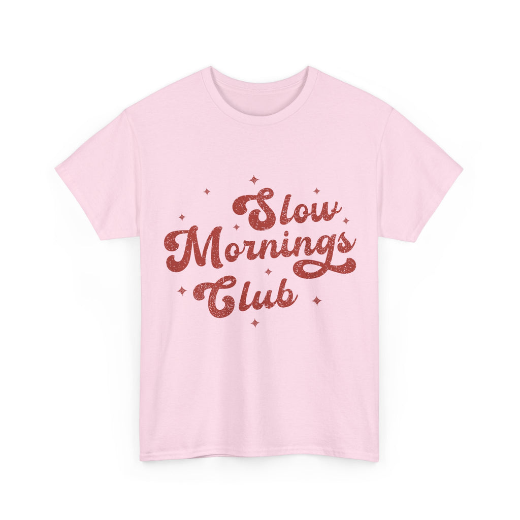 Slow Mornings Club T-Shirt — Retro Red Sparkle Unisex Cotton Tee