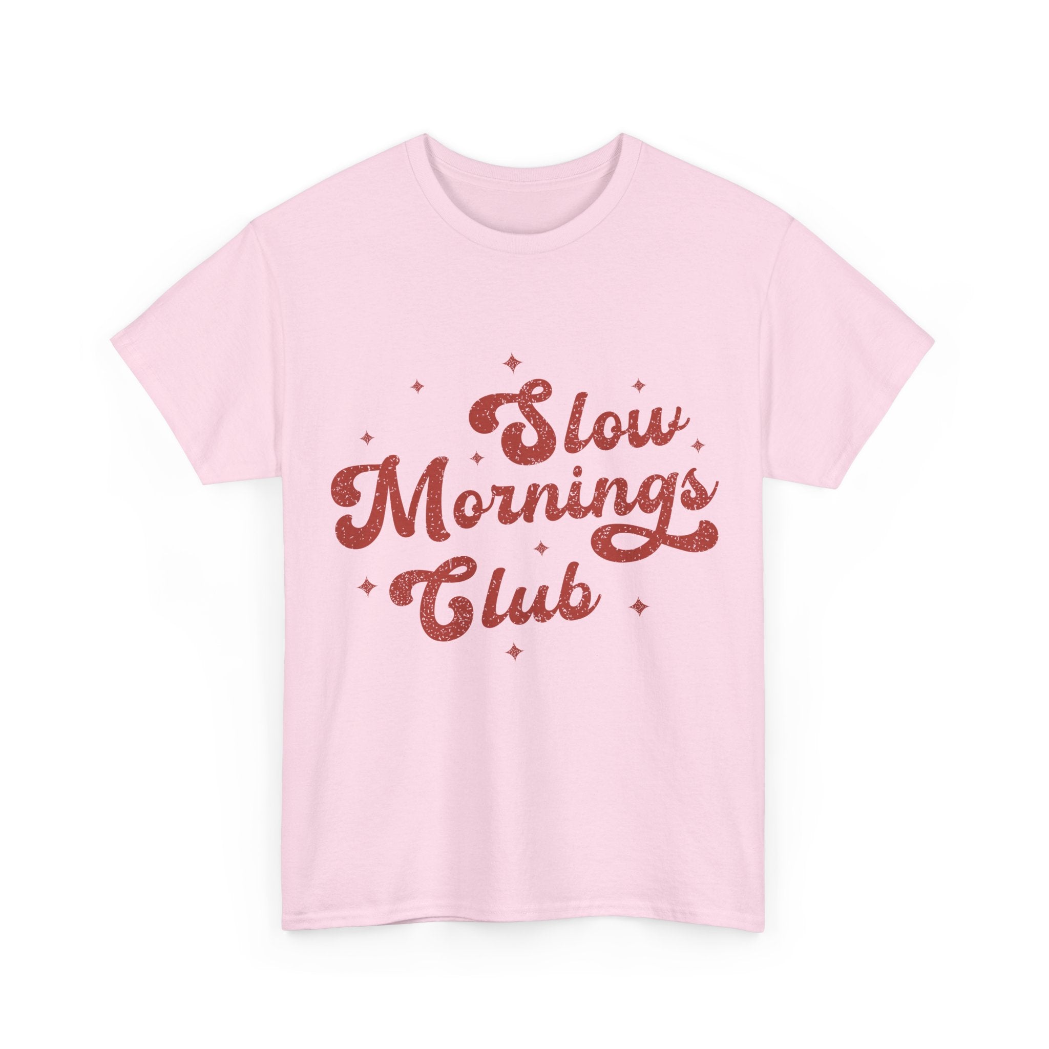 Slow Mornings Club T-Shirt — Retro Red Sparkle Unisex Cotton Tee