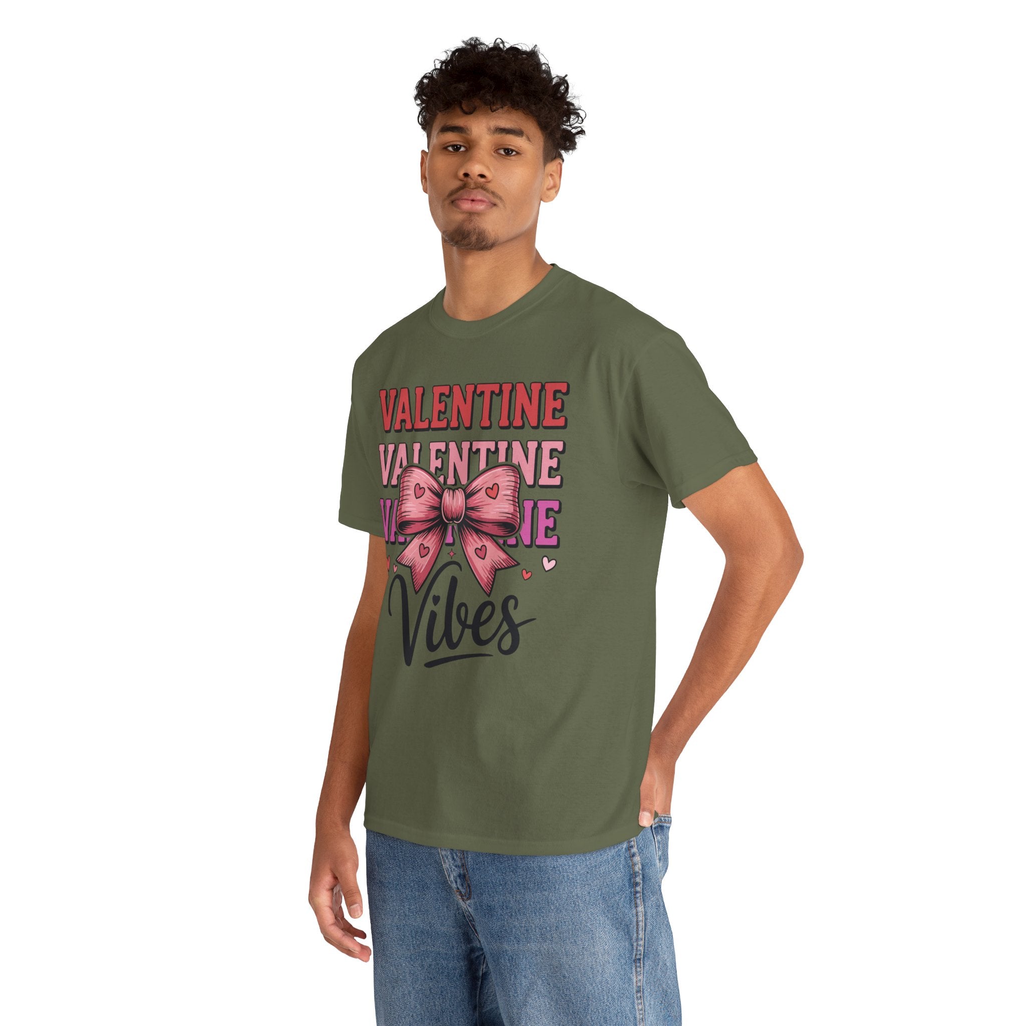 Valentine Vibes T-Shirt — Pink Bow Heart Graphic Unisex Cotton Tee