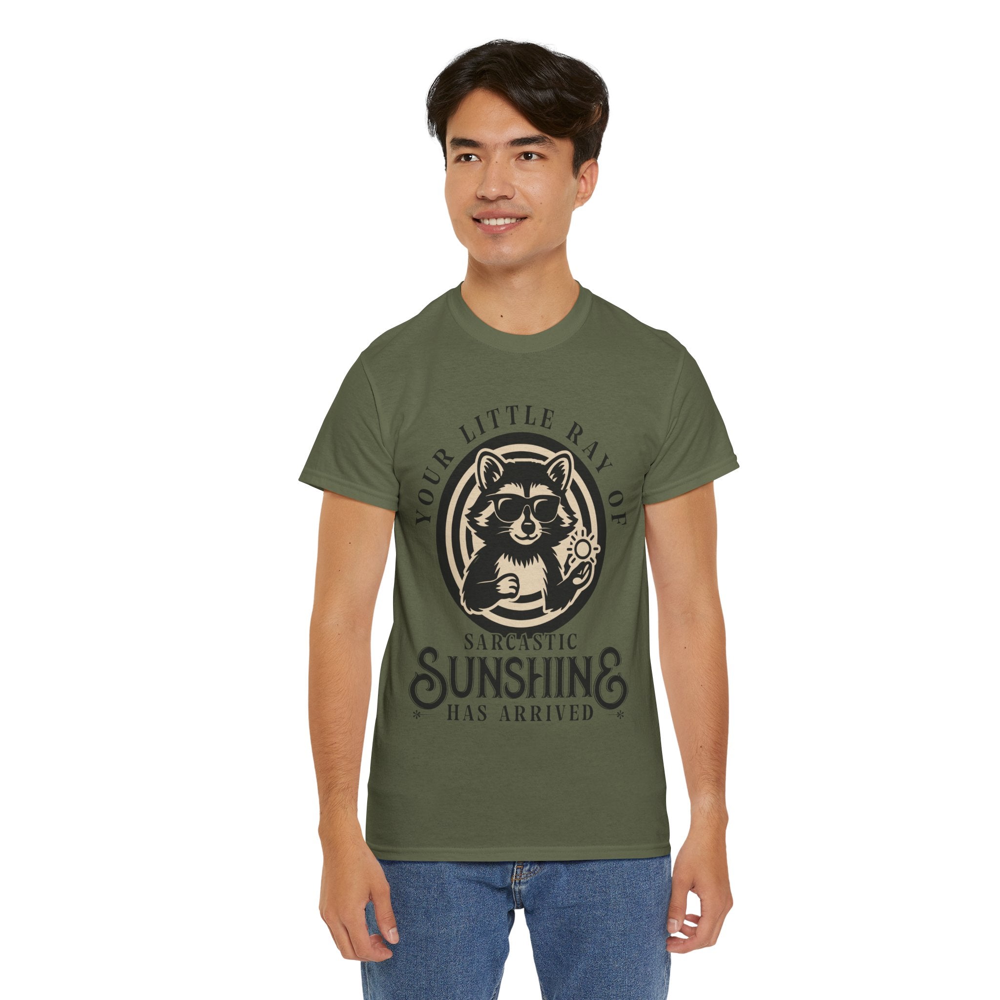 Cool Raccoon Sunglasses T-Shirt — Raccoon Holding Sun Graphic Unisex Cotton Tee