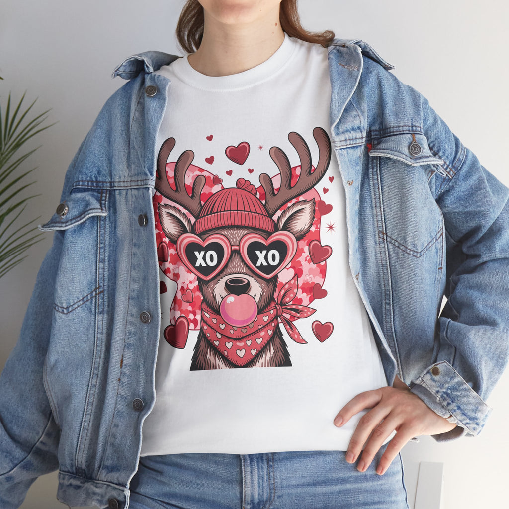 Valentine Deer Tee — Cute XO Heart Glasses, Beanie & Scarf Unisex Cotton Tshirt