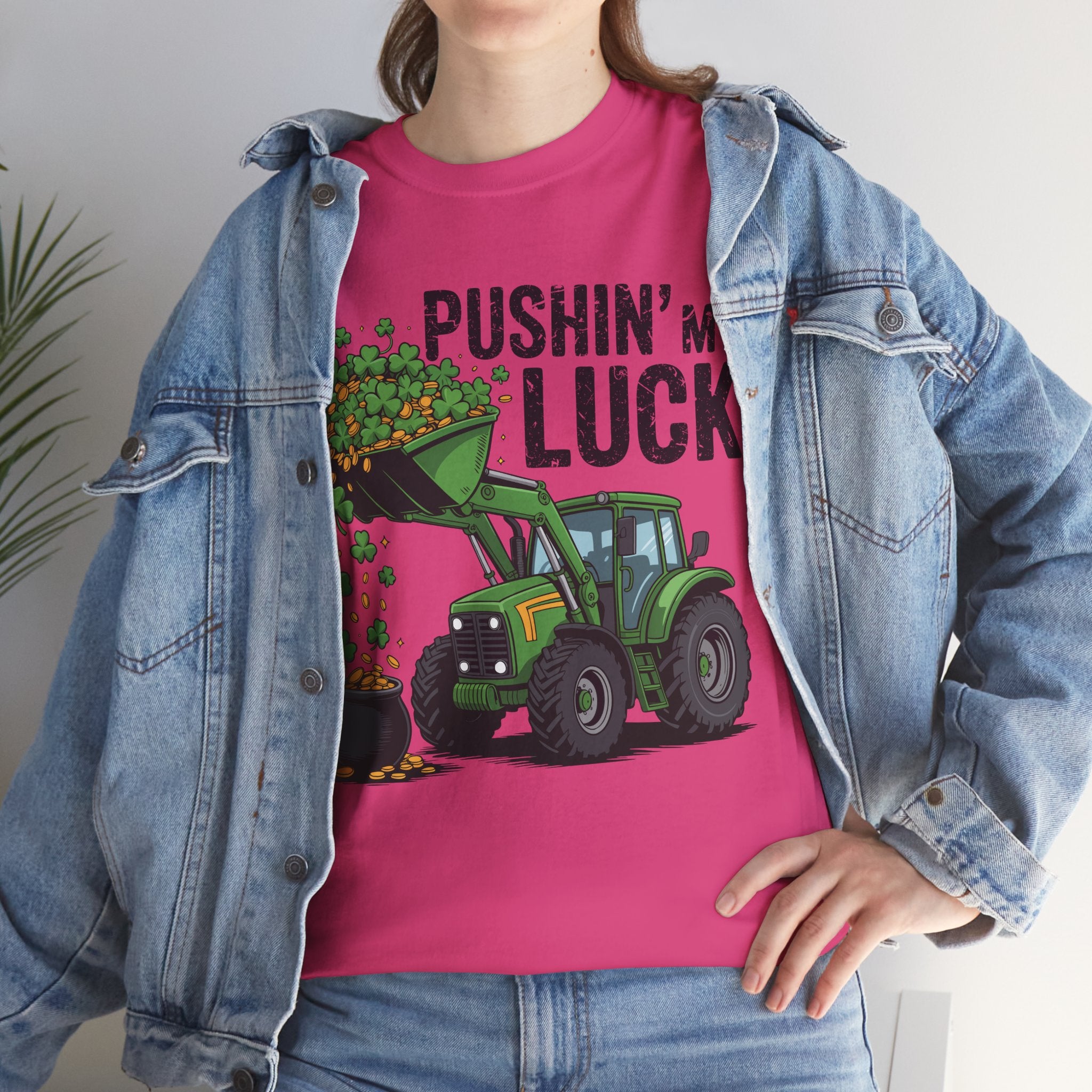Pushin' My Luck Shamrock Tractor Tee — St. Patrick's Day Unisex Cotton T-Shirt