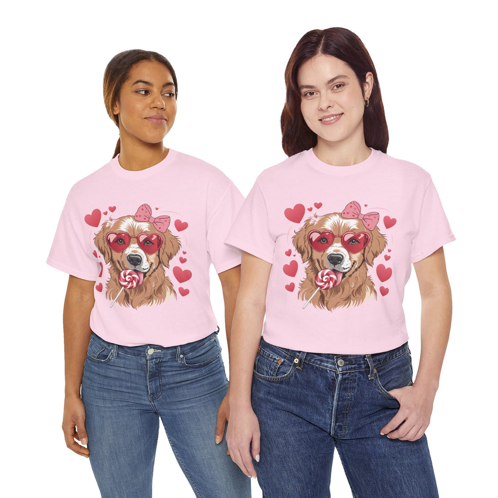 Valentine Dog T-Shirt — Cute Pup with Heart Glasses, Pink Bow & Lollipop..Unisex Cotton Tee