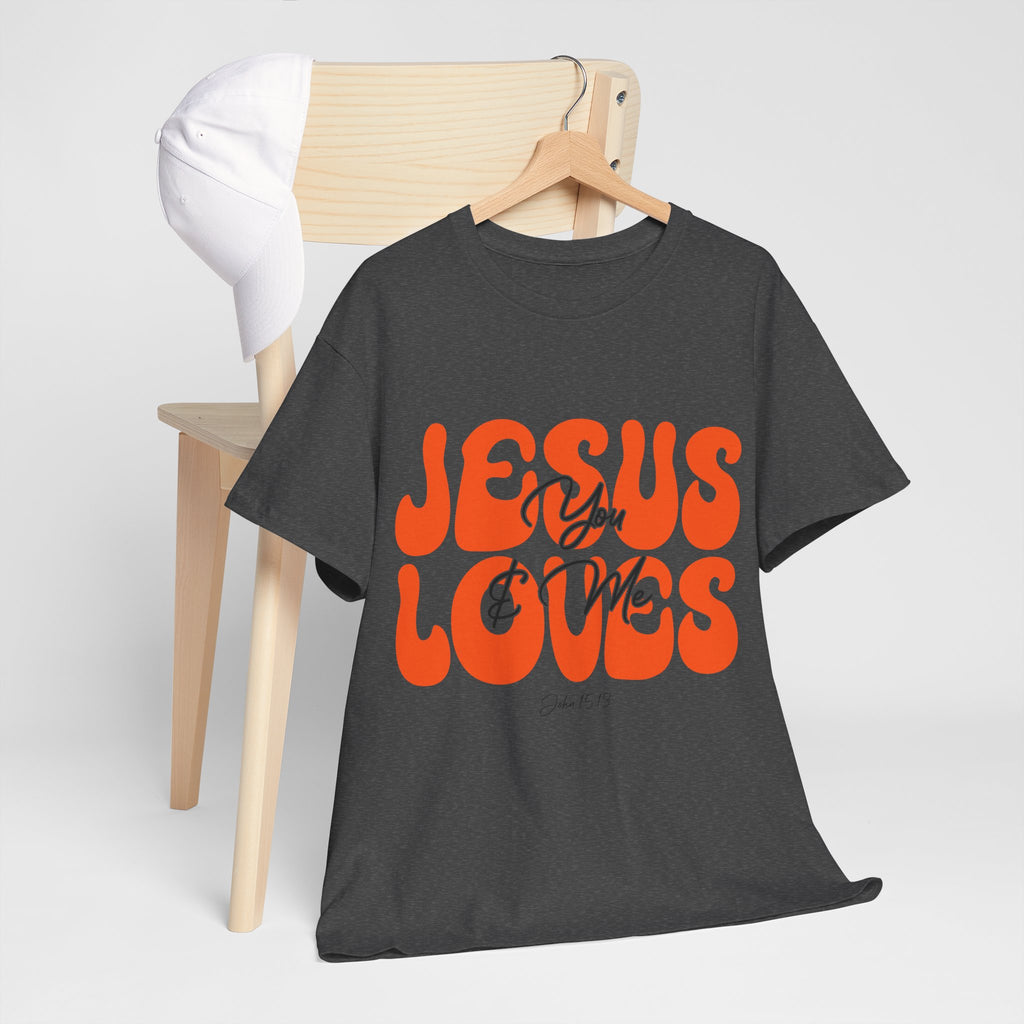 Jesus Loves You & Me Retro Tee — Playful Orange Bubbly Christian Unisex Cotton T-Shirt